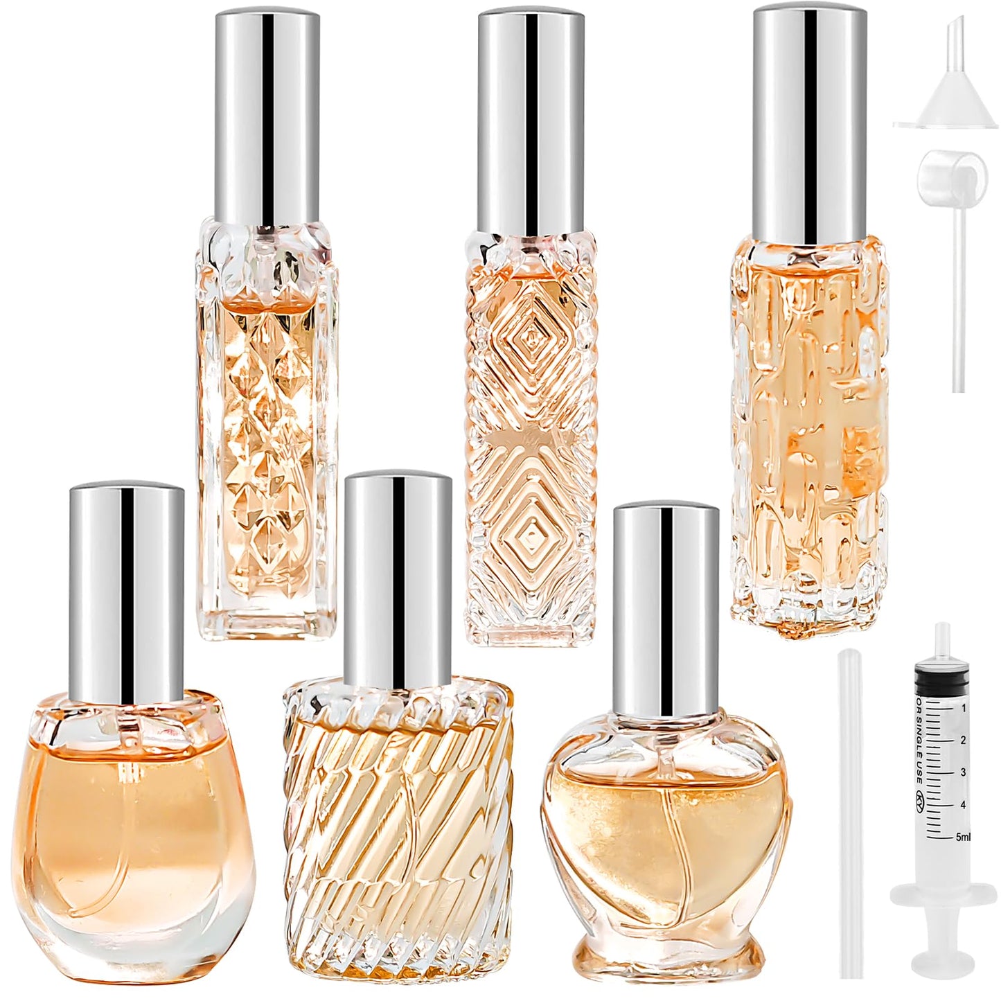 Bohoray 6 Stücke Small Parfümzerstäuber Nachfüllbar, 10~15ml Parfum Flakon Leer Transparente Parfüm Flakon Parfümflaschen Nachfüllbar mit Rohrleitungen und Trichter für Frauen Mädchen