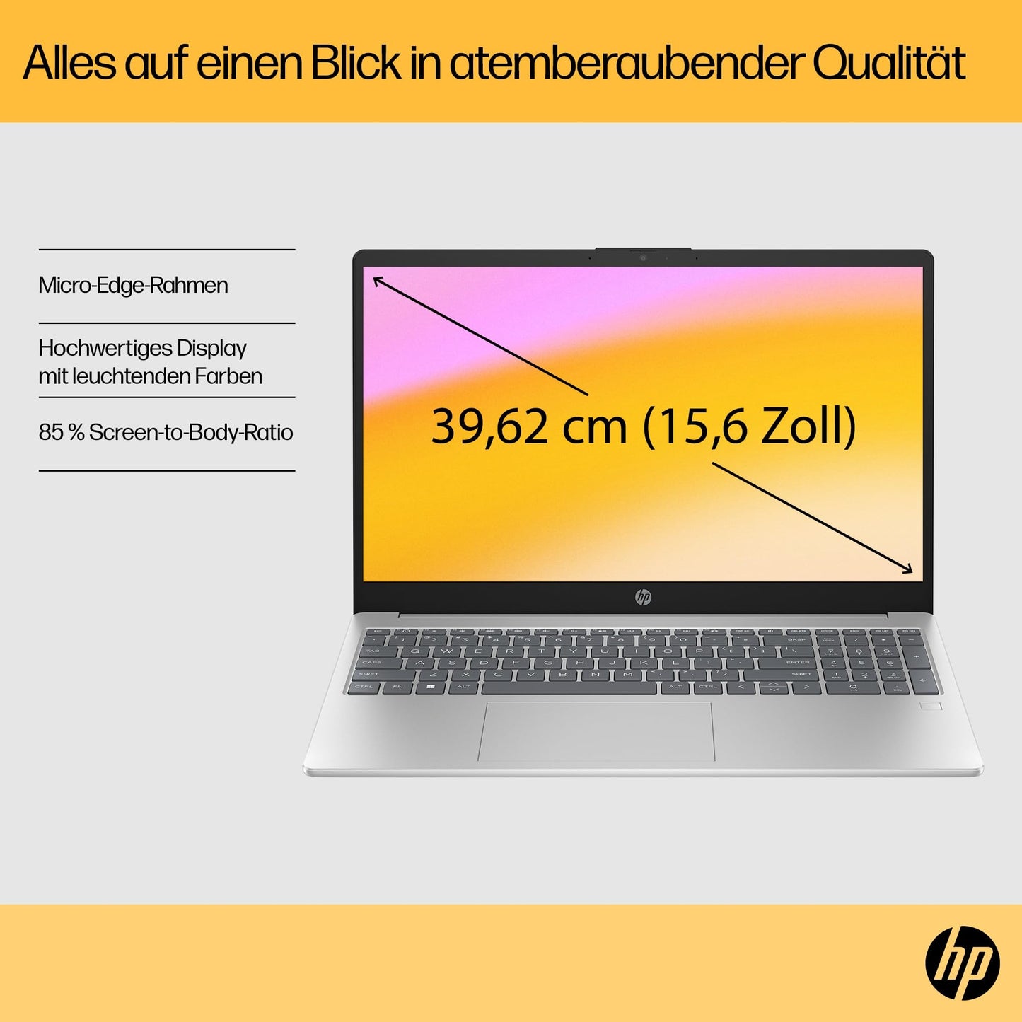 HP Laptop, 15,6" FHD Display, AMD Ryzen 5 7520U, 16 GB DDR5 RAM, 512 GB SSD, AMD Radeon-Grafik, Windows 11 Home, QWERTZ, Natural Silver mit HP Fast Charge