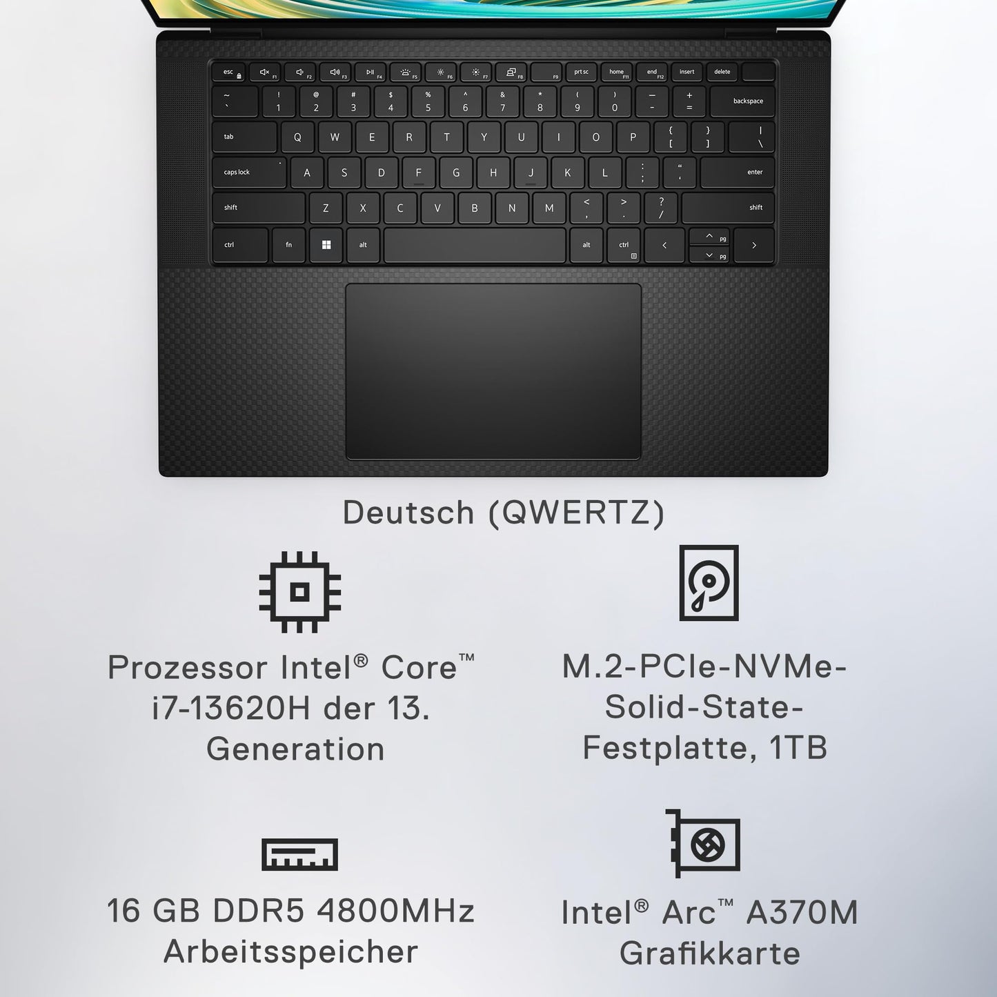 Dell XPS 15 9530 Laptop 15.6" FHD+ Display, Intel Evo Edition - Intel Core i7-13620H, Intel Arc A370M Graphics, 16GB RAM, 1TB, Windows 11 Home, Fingerprint Reader, Qwertz Backlit Keyboard Deutsch