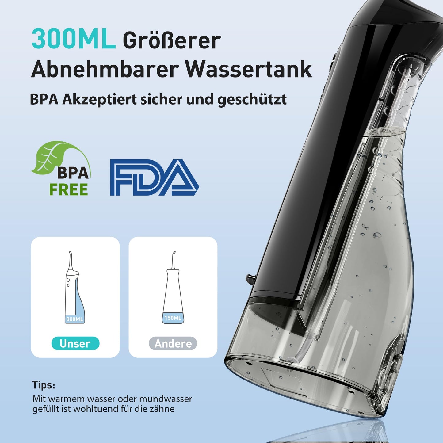 Munddusche Kabellos Tragbar Elektrische Zahnreiniger, COSLUS 300ML Wassertank Wiederaufladbar Zahndusche Doppelt Wasser Zähne Flosser IPX7 Wasserdicht Munddusche Testsieger für Reinigung auf Reisen