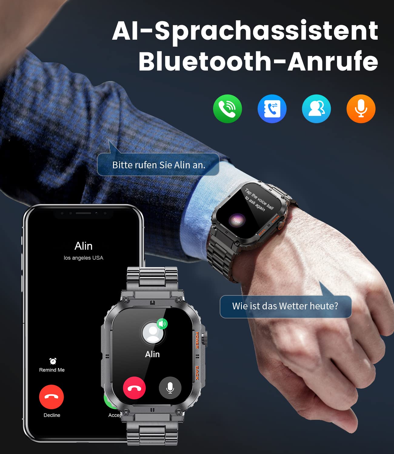 LIGE Smartwatch Herren Militärische mit Telefonfunktion,1.96'' HD Touchscreen,5ATM Wasserdicht,400mah Sportuhr,120+ Sportmodi Aktivitätstracker mit Blutdruck/Herzfrequenz/SpO2/Schlafmonitor Schwarz