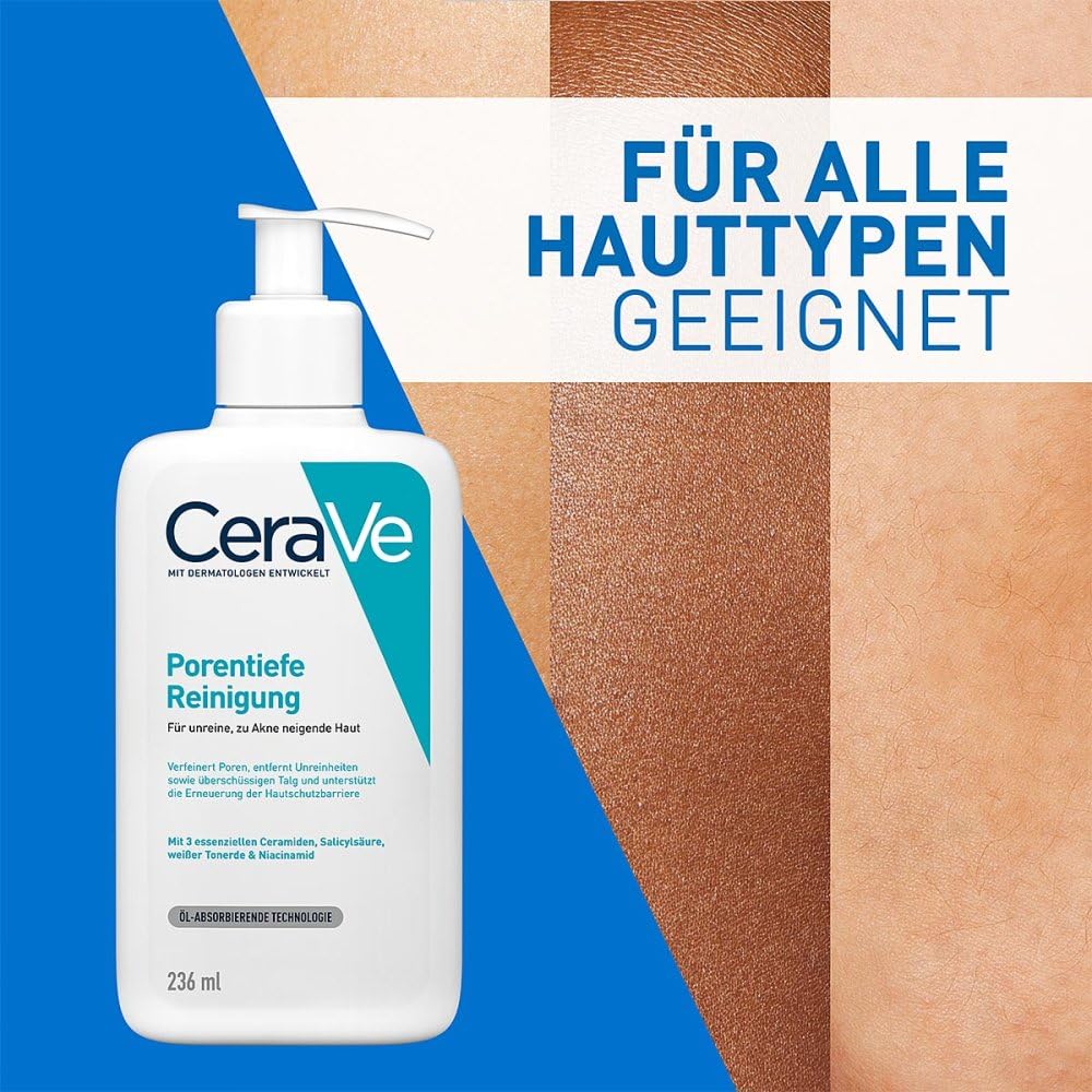 CeraVe Schäumendes Reinigungsgel für das Gesicht, Porentiefe Reinigung bei unreiner und zu Akne neigender Haut, Mit Salicylsäure, weißer Tonerde und Niacinamid, 236 ml