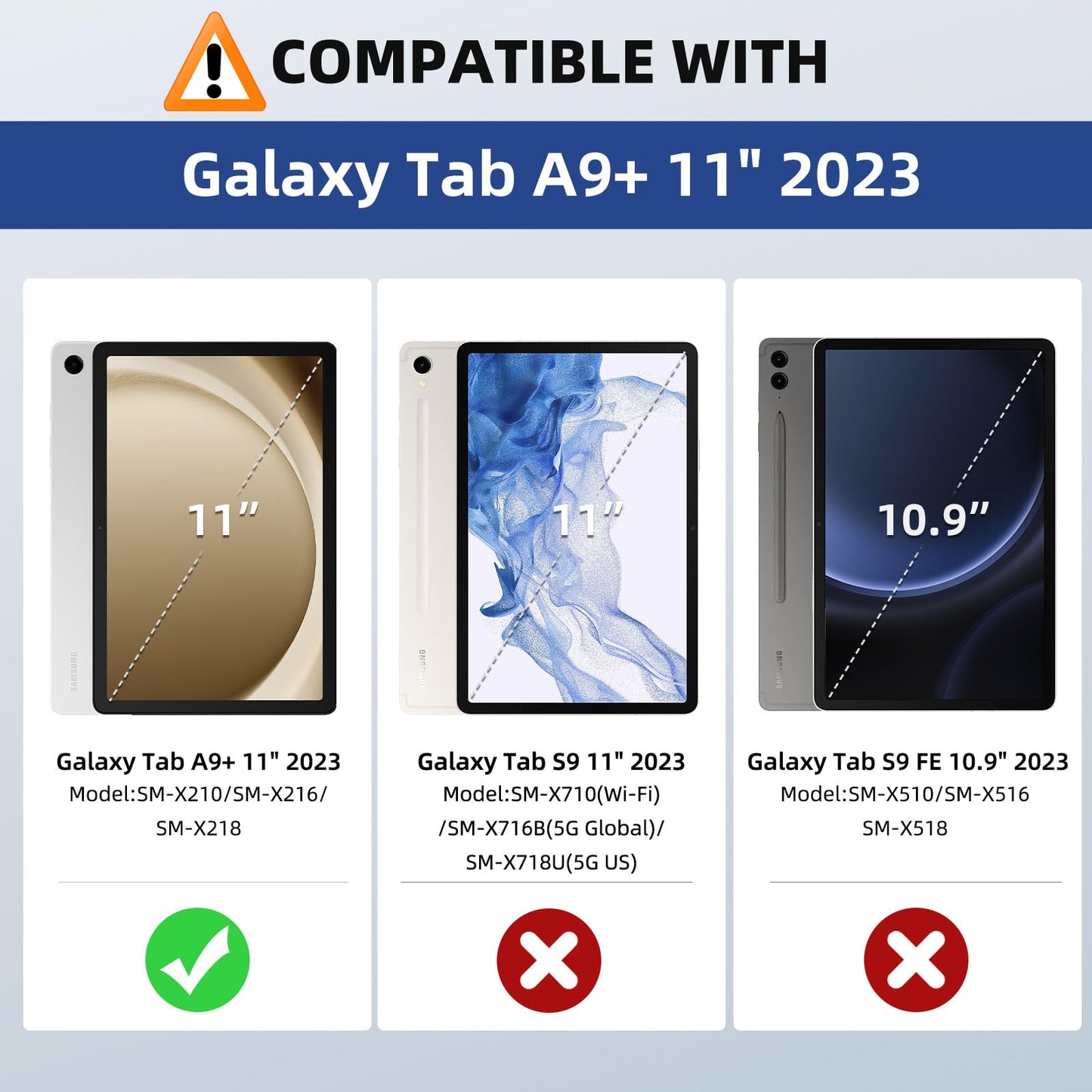 MoKo Hülle für Samsung Galaxy Tab A9 Plus 11 Zoll 2023 (SM-X210/SM-X216/SM-X218), PU Leder Mehrere Winkel Hülle mit Handschlaufe, Fronttasche Auto Schlaf/Aufwach Funktion, Denim Blau & Braun