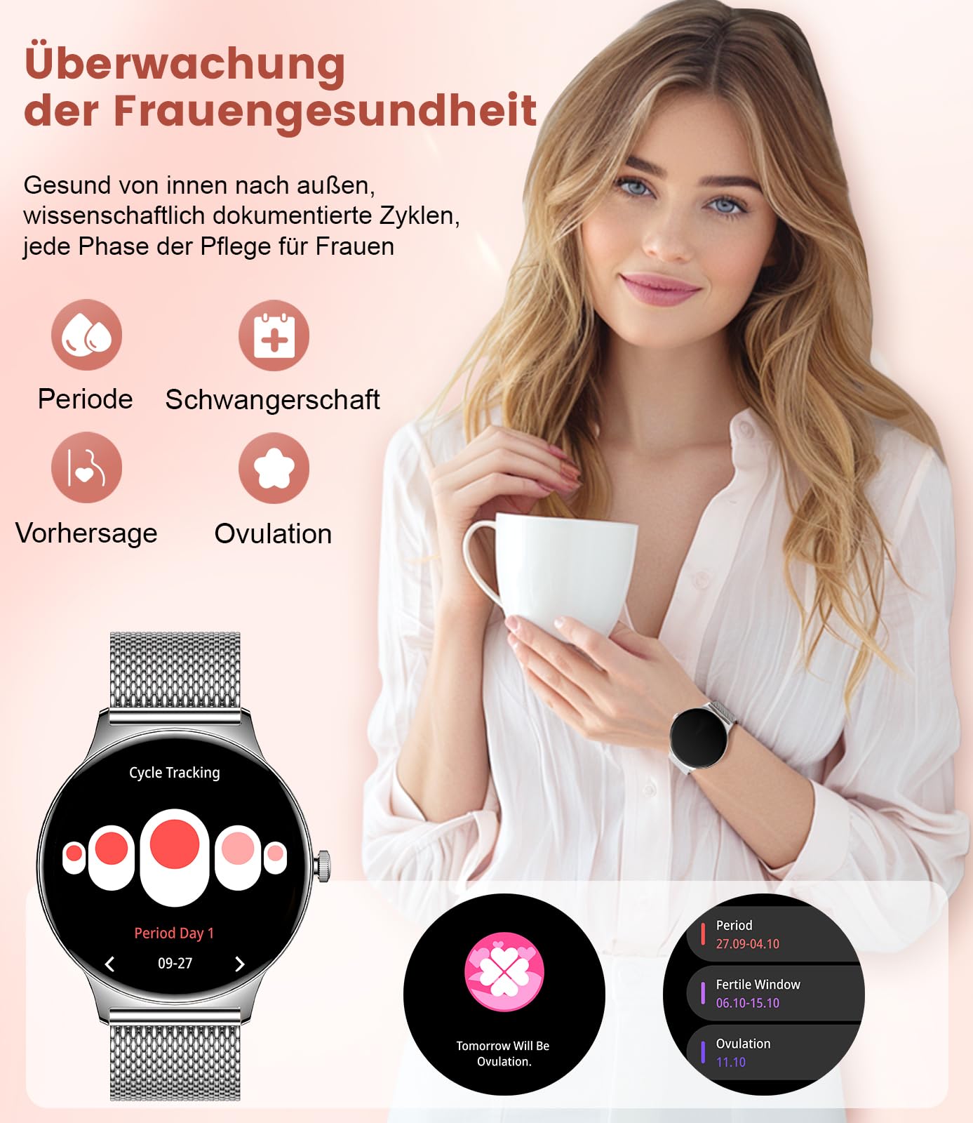 Smartwatch Damen Mit Telefonfunktion,1.43"AMOLED Fitnessuhr Mit Herzfrequenz/Spo2/Schlafmonitor Kompatibel Android iOS,SchrittzäHler Kalorien IP68 Wasserdicht Smart Watch 100+Sport Modi Silbrig