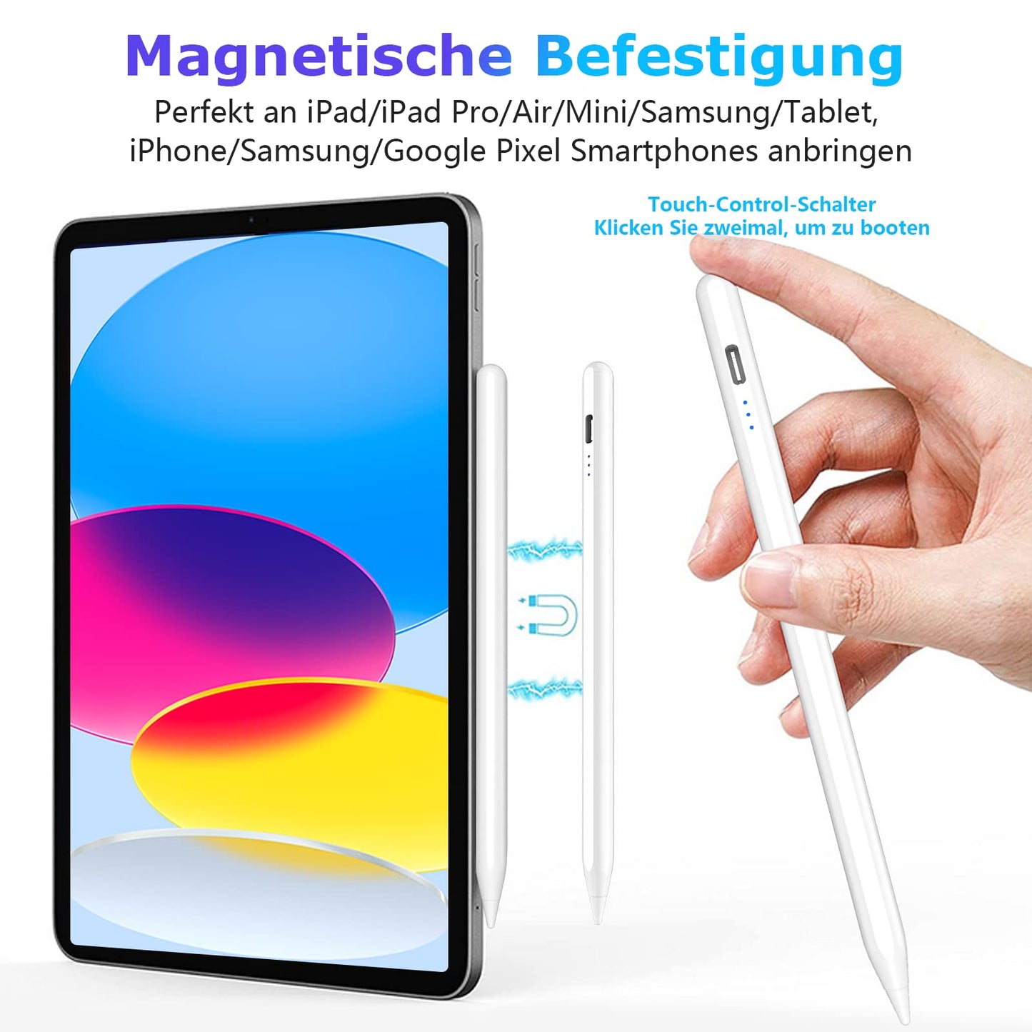 Stylus Pen für Touchscreens Android, Kompatibel Samsung/Huawei/Tablet/Phone,Kapazitiver Stift mit 2 Ersatzspitzen, Pencil with Palm Rejection,Weiß