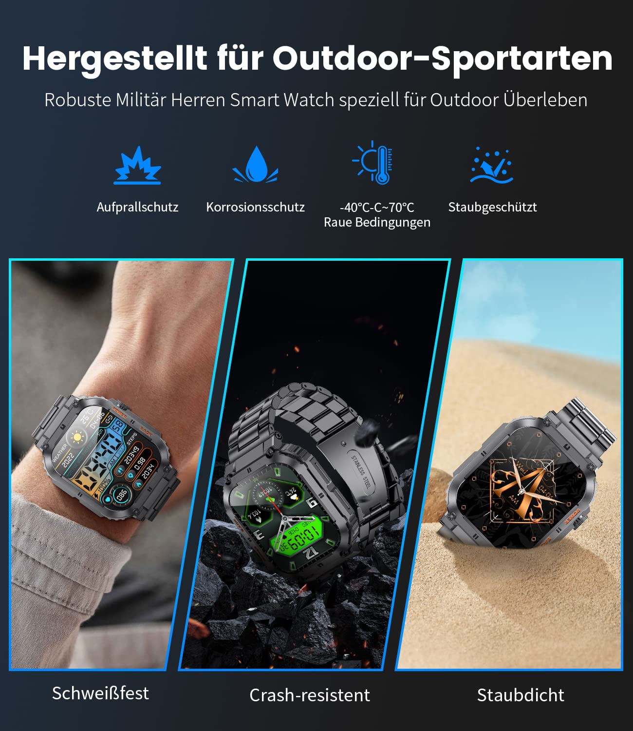 LIGE Smartwatch Herren Militärische mit Telefonfunktion,1.96'' HD Touchscreen,5ATM Wasserdicht,400mah Sportuhr,120+ Sportmodi Aktivitätstracker mit Blutdruck/Herzfrequenz/SpO2/Schlafmonitor Schwarz