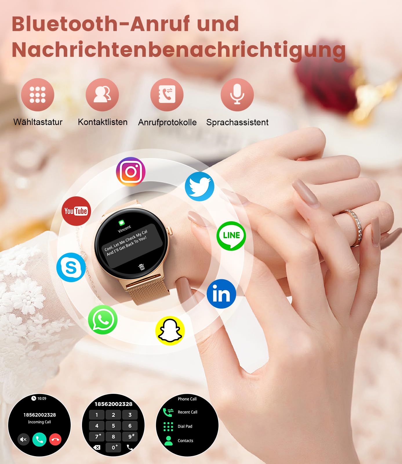 Smartwatch Damen Mit Telefonfunktion,1.43"AMOLED Fitnessuhr Mit Herzfrequenz/Spo2/Schlafmonitor Kompatibel Android iOS,SchrittzäHler Kalorien IP68 Wasserdicht Smart Watch 100+Sport Modi Roségold