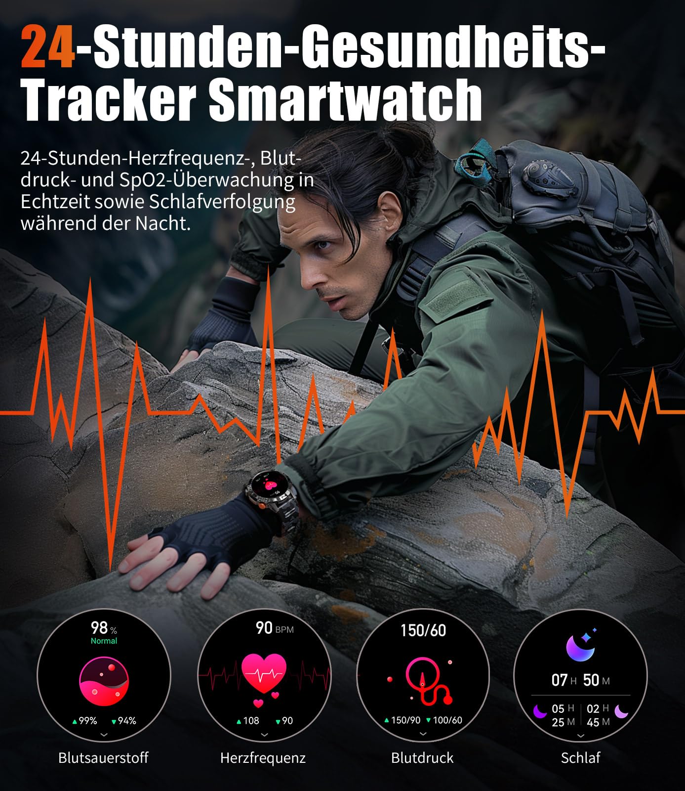 LIGE Smartwatch Herren 1.43 Zoll AMOLED Sportuhren mit Telefonfunktion Kompatibel Android iOS,5ATM Wasserdicht,100+Sport Modi, Herzfrequenz/schlafen/Schrittzähler Militär Schwarz Männer Smartwatch…