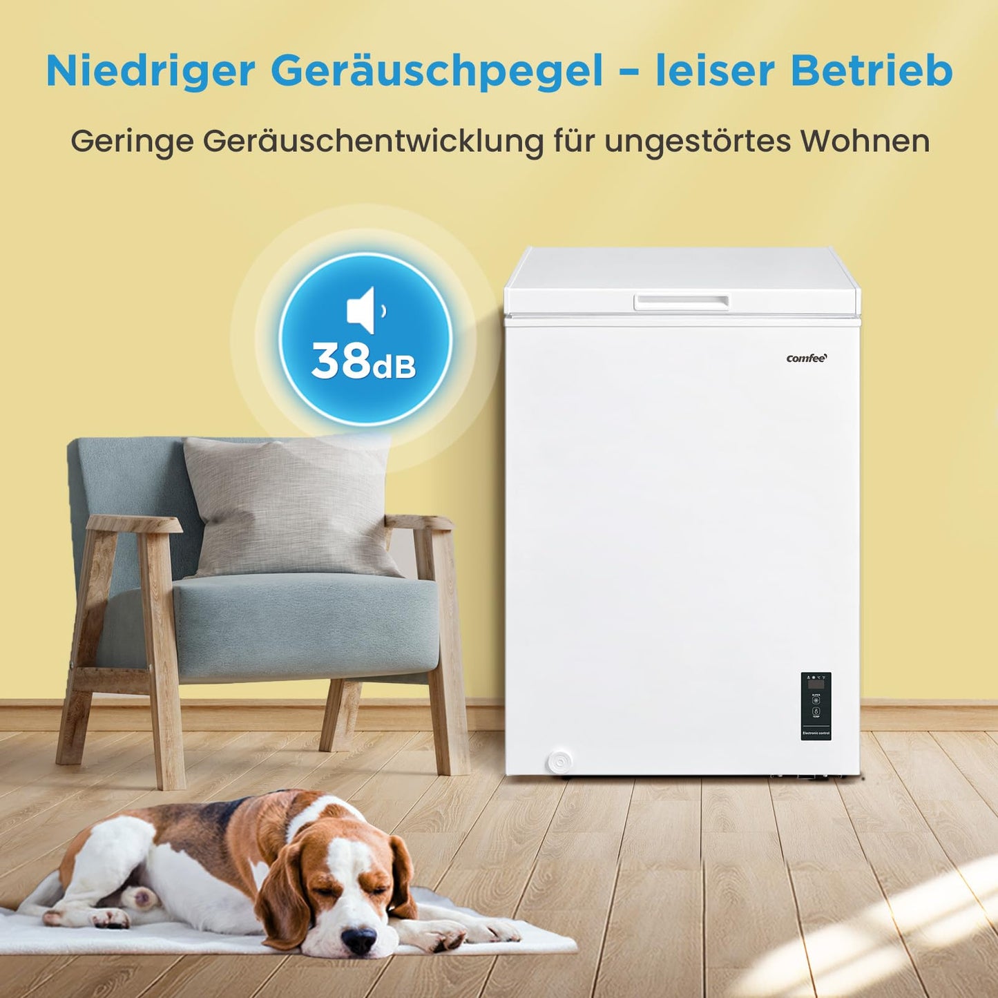 Comfee RCC100WH2(E) Gefriertruhe/169 kWh/Jahr/85cm hoch/99L/38dB/Geringe Lautstärke/Hoch effizientesD-förmigesRohr/Geeignet für verschiedene Einsatzszenarien/Einstellbarer Temperaturregler/Weiß