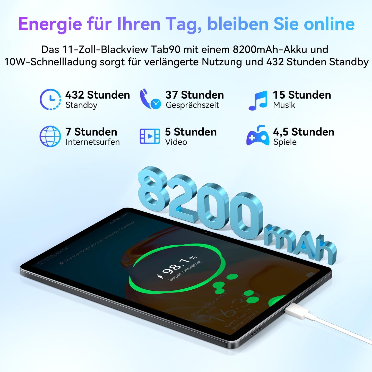 Blackview Tablet 11 Zoll Cellular, Tab 90 Android 14 Tablet, 24GB RAM+128GB ROM(2TB TF), 4G LTE 5G WiFi Tablet PC, Gaming Tablet mit 8200mAh Akku, Dual Kamera, Tablet mit Widevine L1