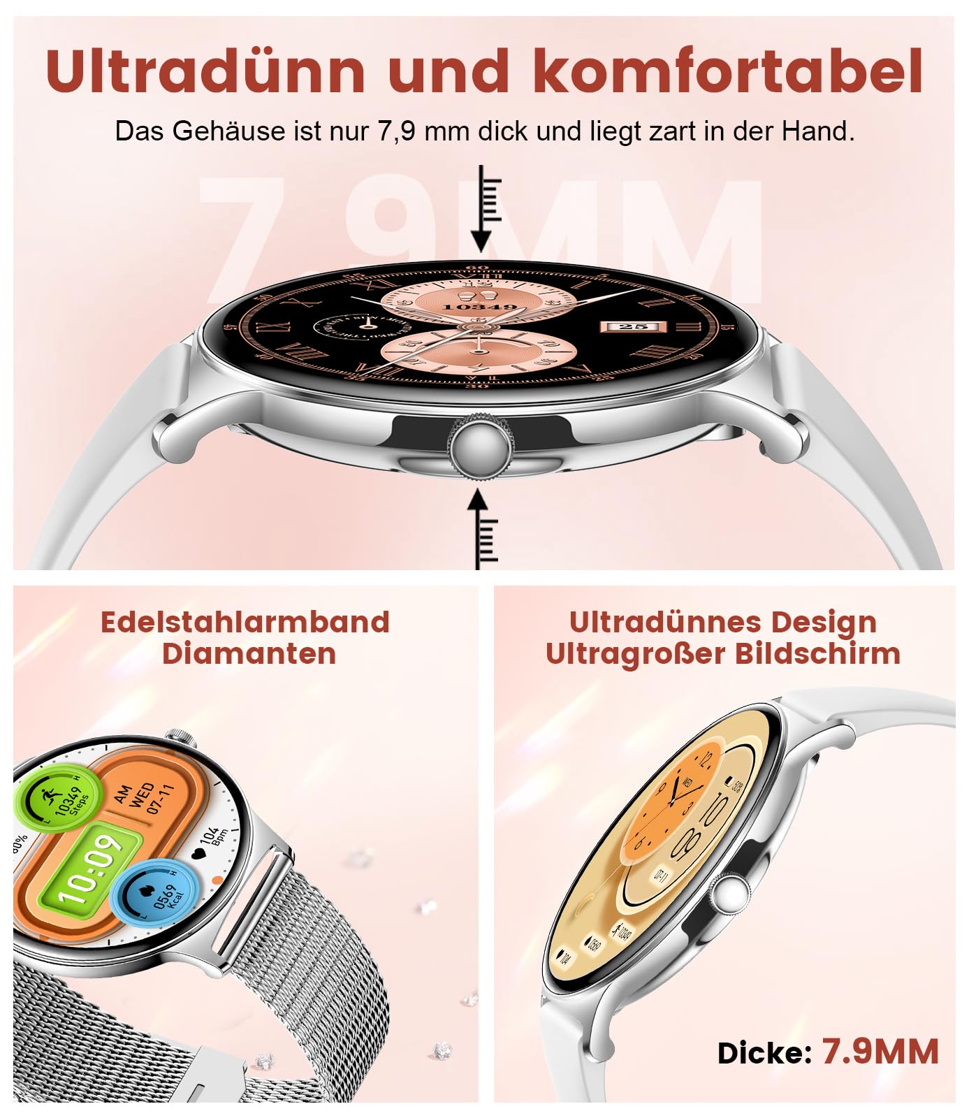 Smartwatch Damen Mit Telefonfunktion,1.43"AMOLED Fitnessuhr Mit Herzfrequenz/Spo2/Schlafmonitor Kompatibel Android iOS,SchrittzäHler Kalorien IP68 Wasserdicht Smart Watch 100+Sport Modi Silbrig