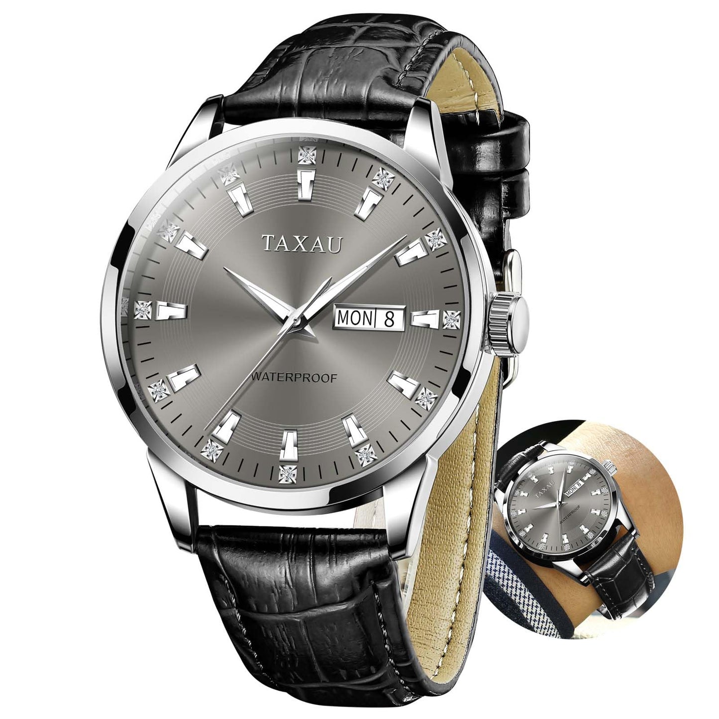 Taxau Kleid Uhren für Männer Graues Zifferblatt Quarzuhren für Männer Edelstahl Armbanduhr Luxcury Diamant Wasserdicht Luminous Day Date Herrenuhren Reloyes para Hombres