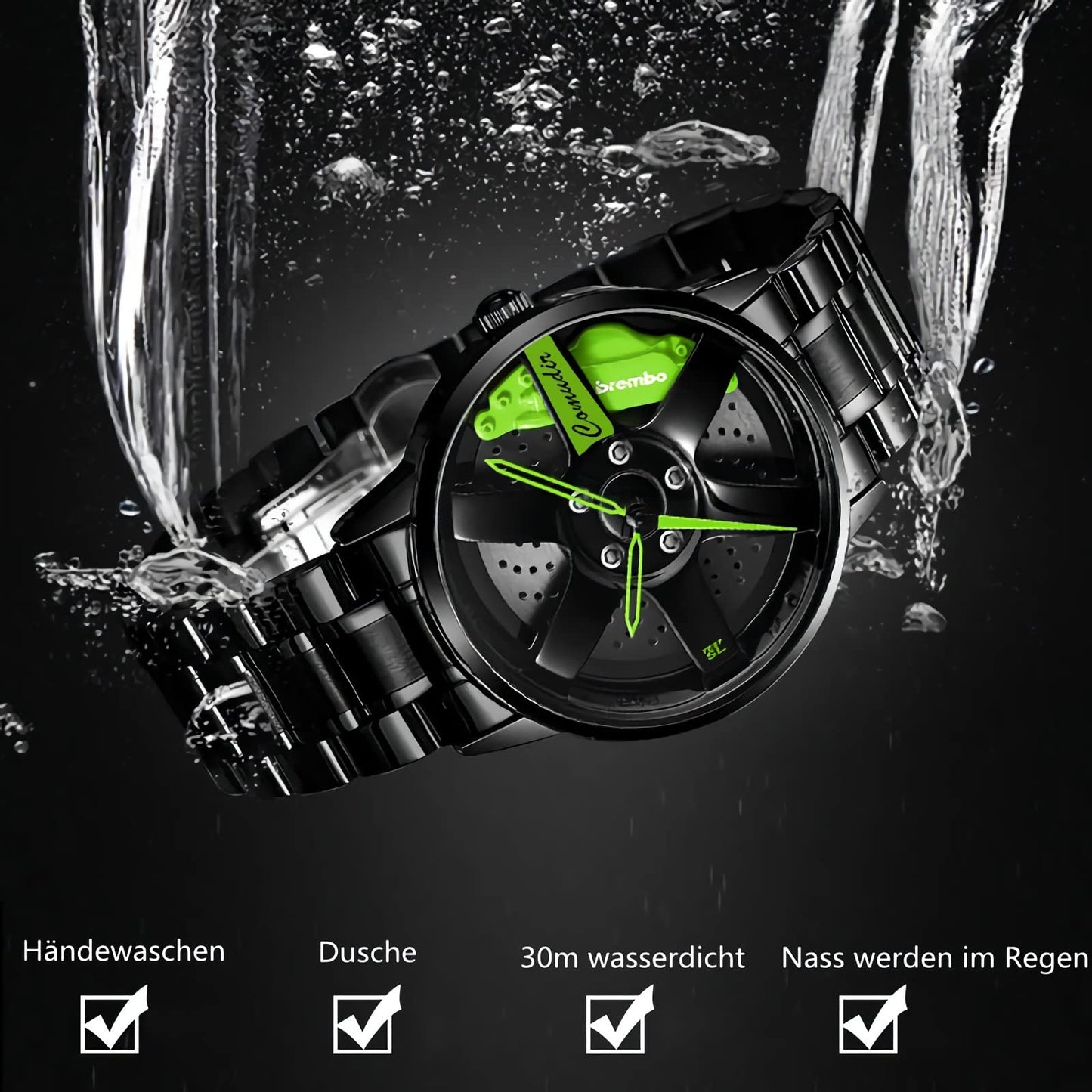 RWXCOW Herren Uhr Kreativ Armbanduhren,Autorad Felgennabenuhr,Auto Rad Felgen Nabe Uhr, Männer Sport Wasserdicht Armbanduhr,3D Auto Rad Felge Nabe Quarz Herrenuhr,schwarzerStahlmitroterNadel