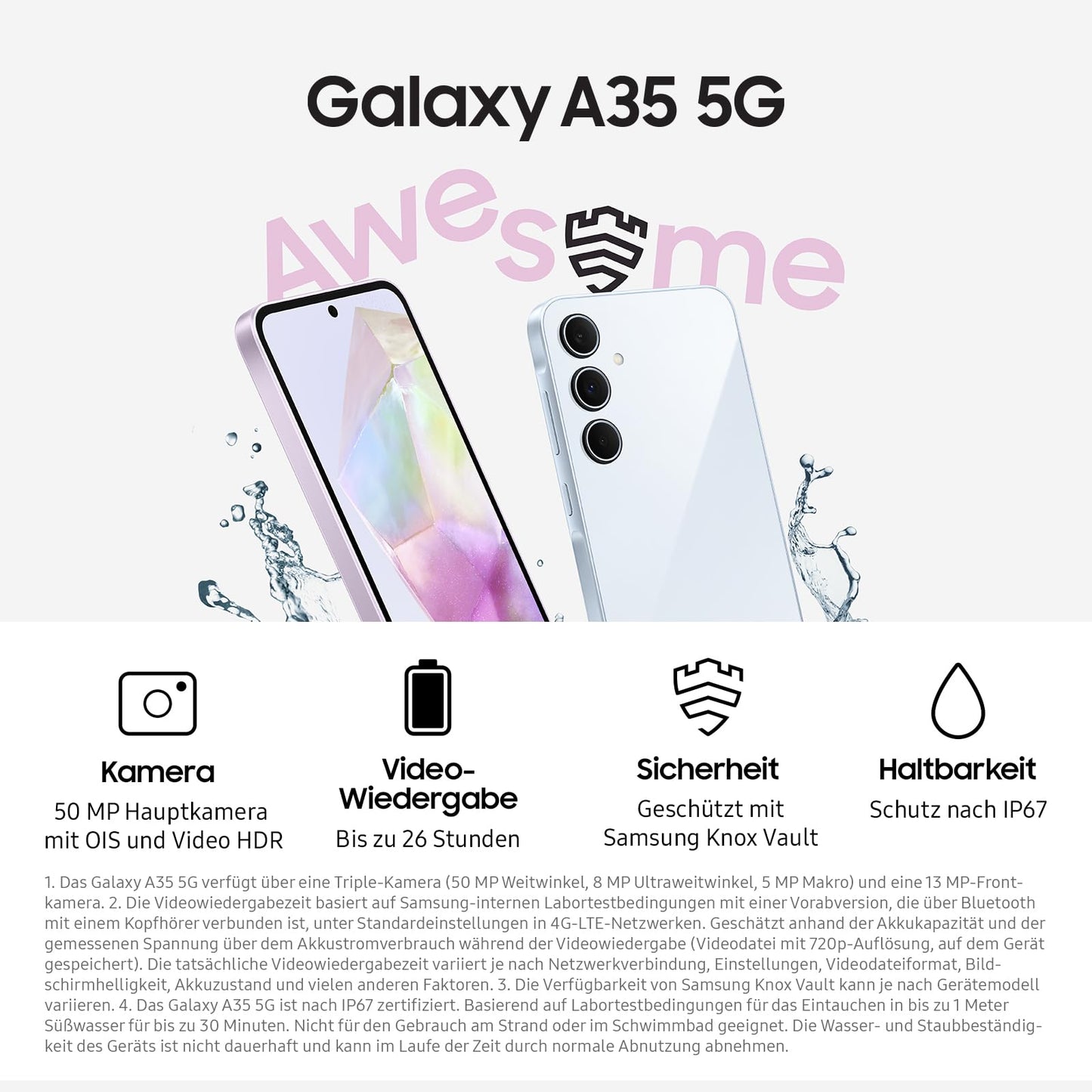 Samsung Galaxy A35 5G Enterprise Edition, Android Smarthone, Business-Handy mit 6 GB RAM / 128 GB, 50-MP-Kamera, Knox, Wasser- und staubeständig gemäß IP67, Schwarz, 3 Jahre Herstellergarantie