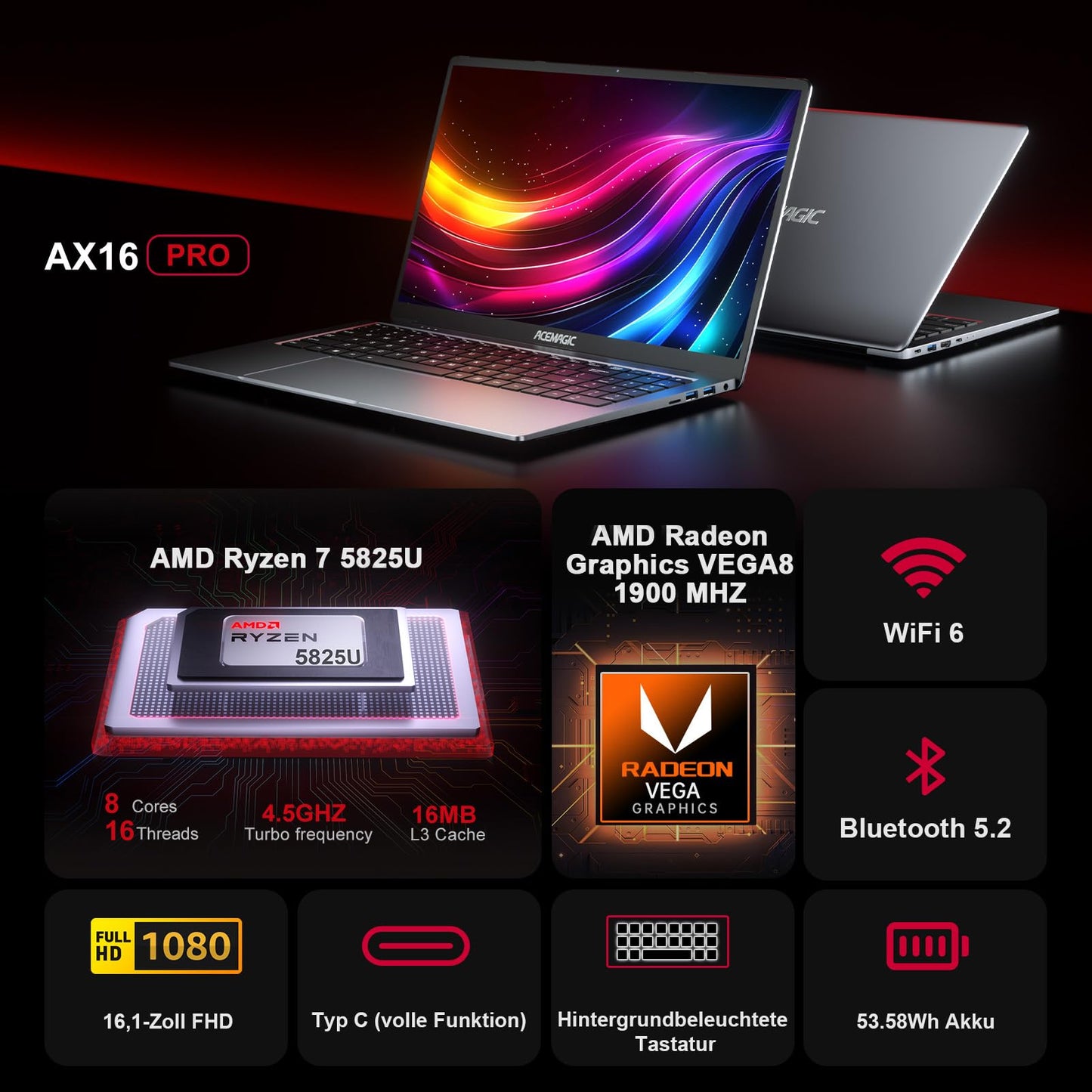 ACEMAGIC Laptop mit Metallgehäuse und Hintergrundbeleuchtetem Gaming-Laptop AMD Ryzen 7 5825U(8C/16T, bis zu 4,5 GHz) für Gamer-Notebook,16,1 Zoll FHD,16GB DDR4,512GB M.2 SSD,WiFi 6,BT5. 2,HDMI(Gray)