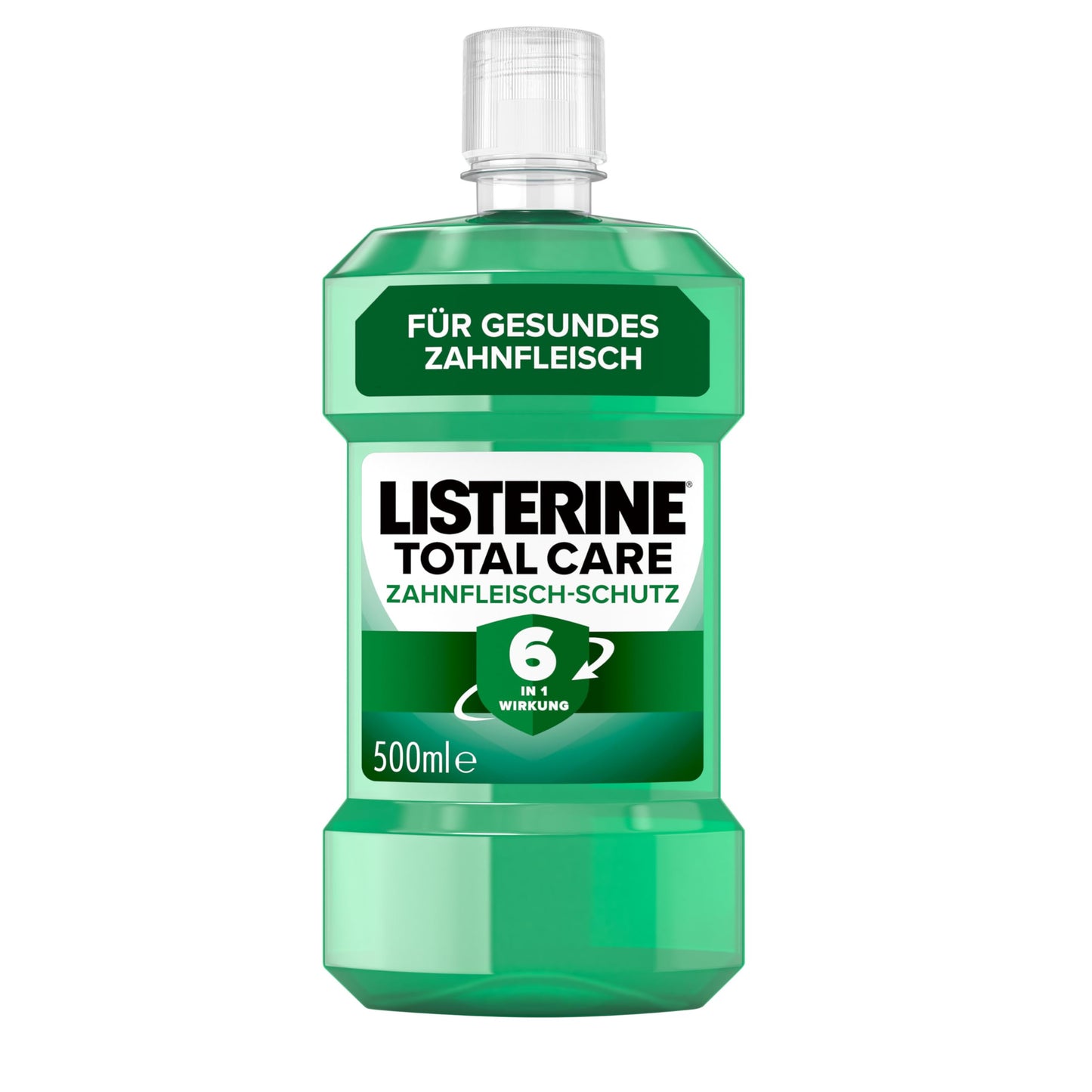 LISTERINE Total Care Zahnfleisch-Schutz (500 ml), antibakterielle Mundspülung mit Fluorid für gesundes Zahnfleisch, Zahnpflege Mundwasser reduziert Zahnbelag mit 6 in 1 Wirkung