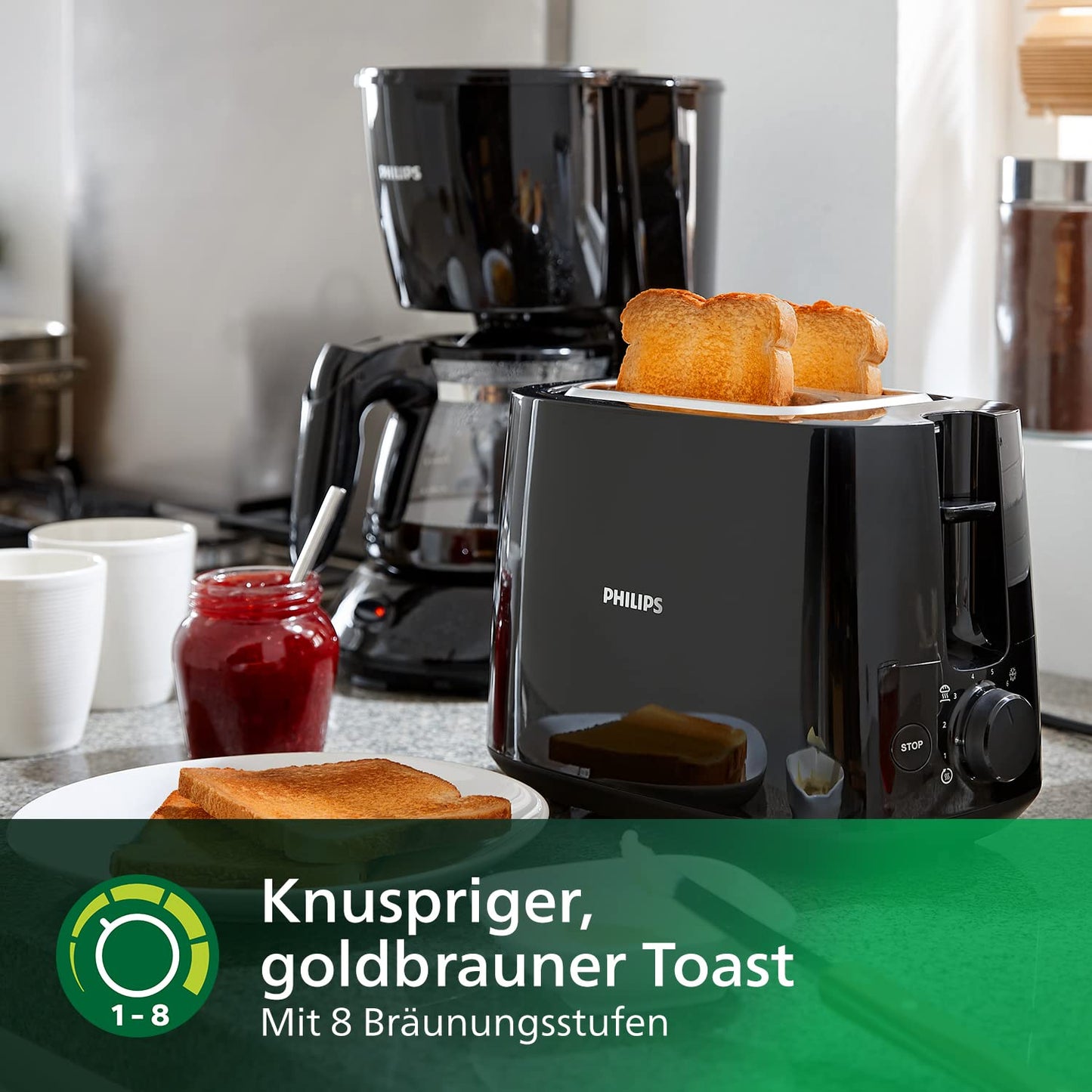 Philips Toaster – 2 Toastschlitze, 8 Stufen, Brötchenaufsatz, Auftaufunktion, Liftfunktion, Abschaltautomatik, schwarz (HD2581/90)