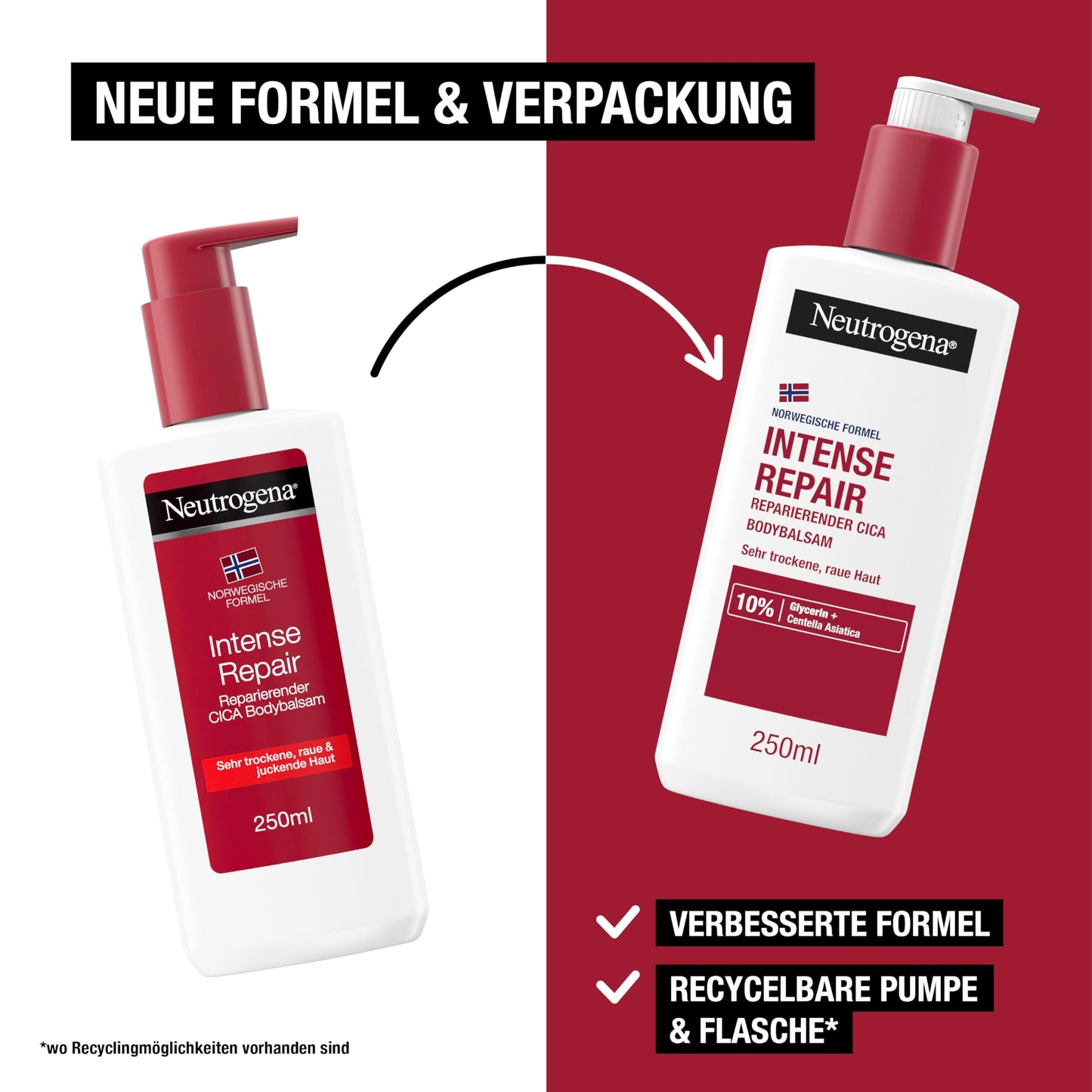 Neutrogena Intense Repair Reparierender CICA Bodybalsam, feuchtigkeitsspendende Bodylotion mit Glycerin & Centella Asiatica, nicht fettende Körperlotion für raue, sehr trockene Haut (250 ml)