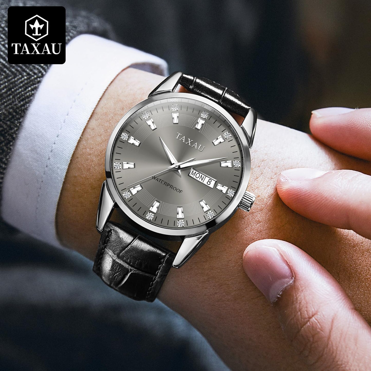 Taxau Kleid Uhren für Männer Graues Zifferblatt Quarzuhren für Männer Edelstahl Armbanduhr Luxcury Diamant Wasserdicht Luminous Day Date Herrenuhren Reloyes para Hombres