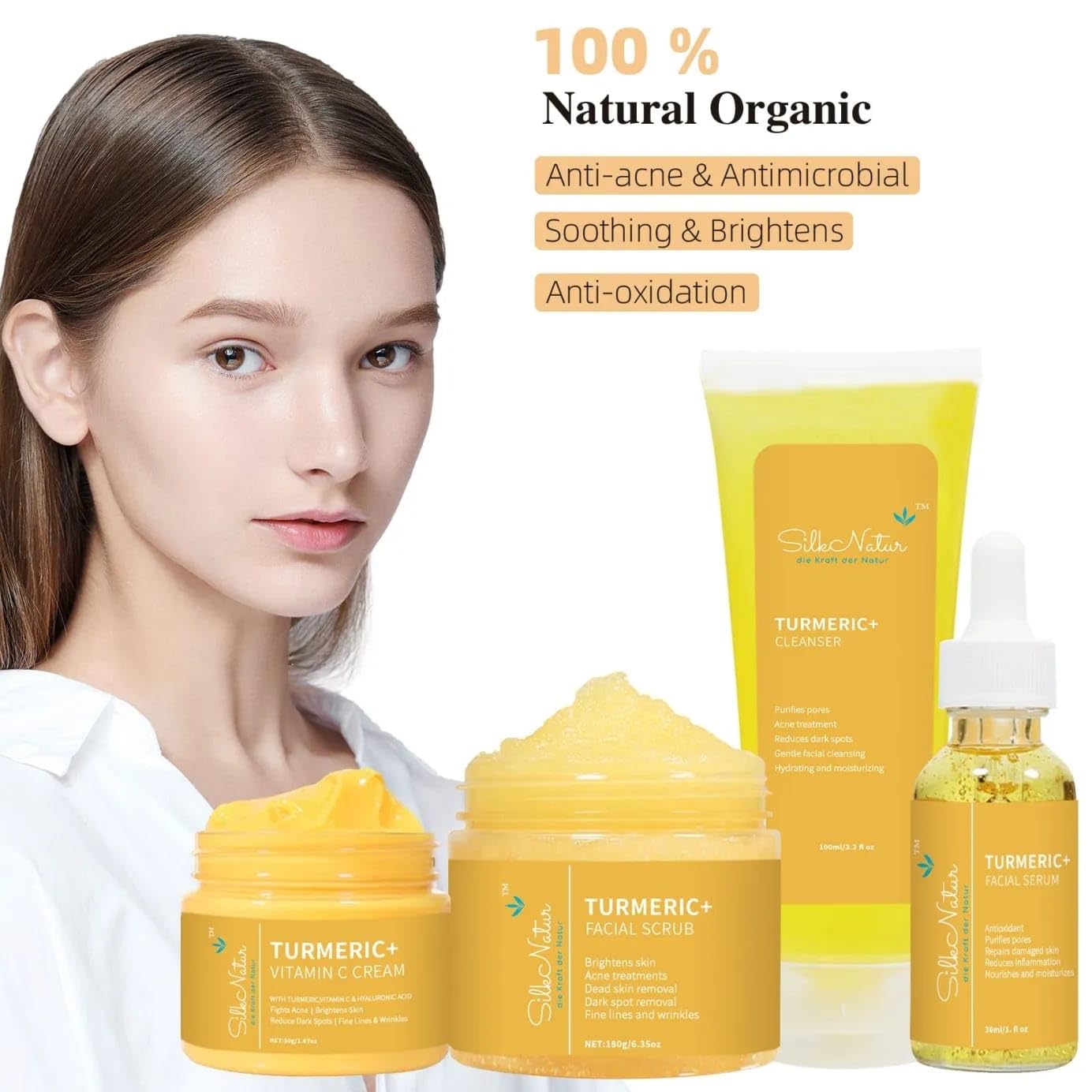 SilkNatur Turmeric+ Gesichtspflege-Set mit Vitamin C - 4 Schritte für reine, strahlende Haut - Enthält Cleanser, Scrub, Serum & Vitamin C Creme