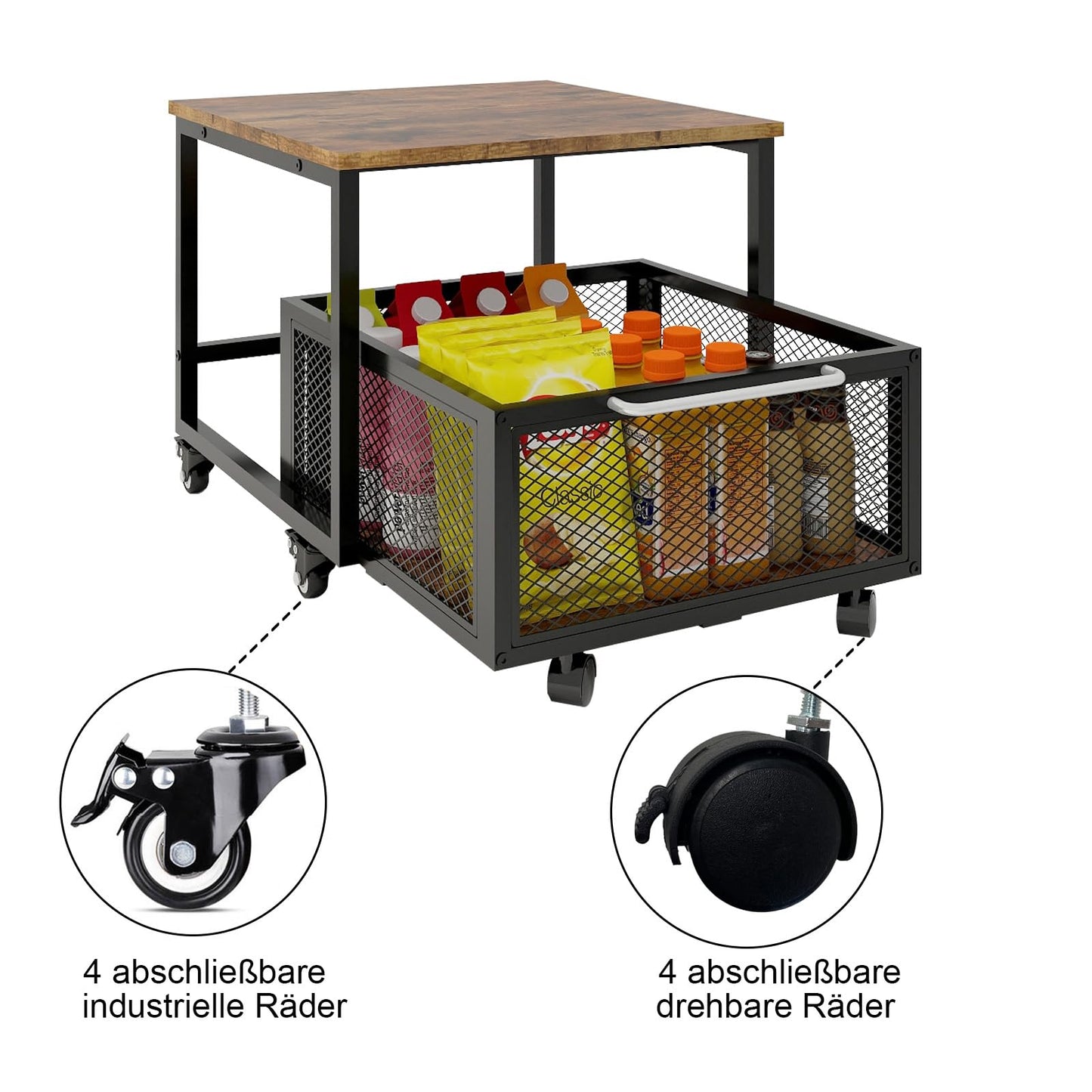 PUNCIA Kühlschrankständer auf Rollen Kühlschrankhalter mit Metallkorb Untergestell für Kühlschrank Sockel für Gefrierschrank Ausziehbarer Aufbewahrungskorb Küche Wohnzimmer Arbeitszimmer Büro Retro