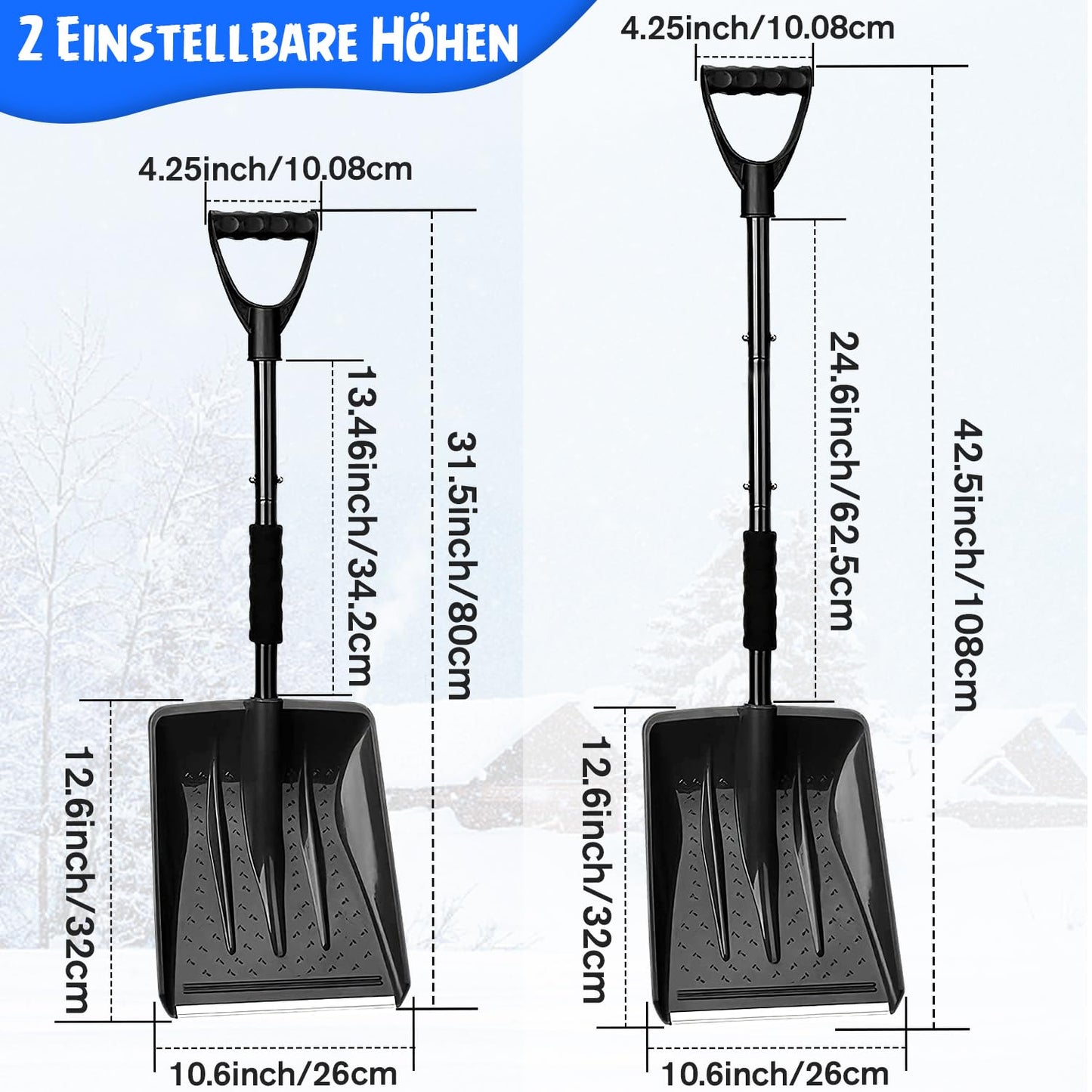 UMUACCAN Schneeschaufel Ergonomisches Design Abnehmbares 4-in-1-Design kann in Zwei Verschiedene Längen geformt Werden Geeignet für Schnee-, Garten- und Campinganlässe（Schwarz