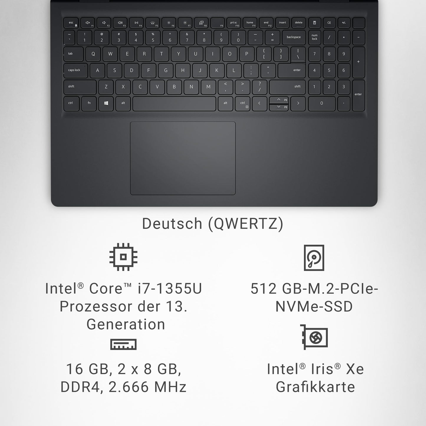 Dell Inspiron 15 3530 Laptop 15,6" FHD Display, Intel Core i7 1355U, 16GB RAM, 512GB SSD, Intel Iris Xe Graphics, Windows 11 Home, QWERTZ Keyboard, Black