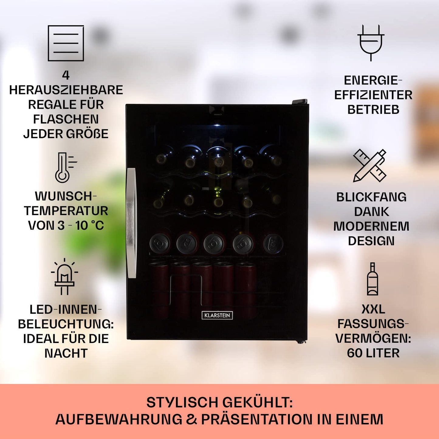 Klarstein Mini Kühlschrank mit Glastür, für Zimmer, Getränkekühlschrank Klein mit Verstellbaren Ablagen, mit Wellenform-Racks, 60 Liter Kühlschrank Leise