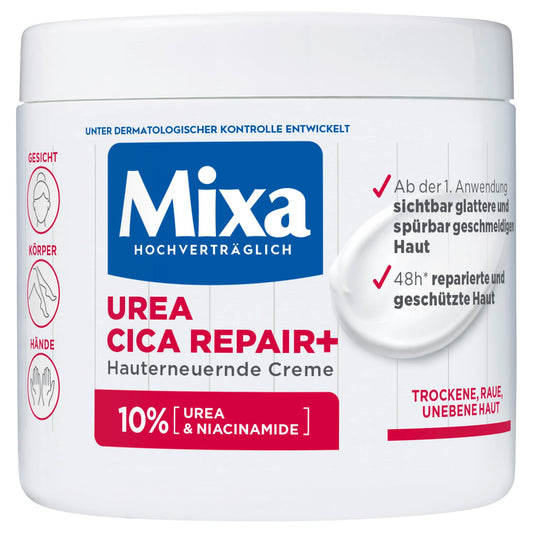 Mixa Urea hauterneuernde Creme mit Urea & Niacinamide, für trockene und raue und unebene Haut, repariert und glättet, Feuchtigkeitspflege für den Körper, Hände und Gesicht, Urea Cica Repair+, 400 ml