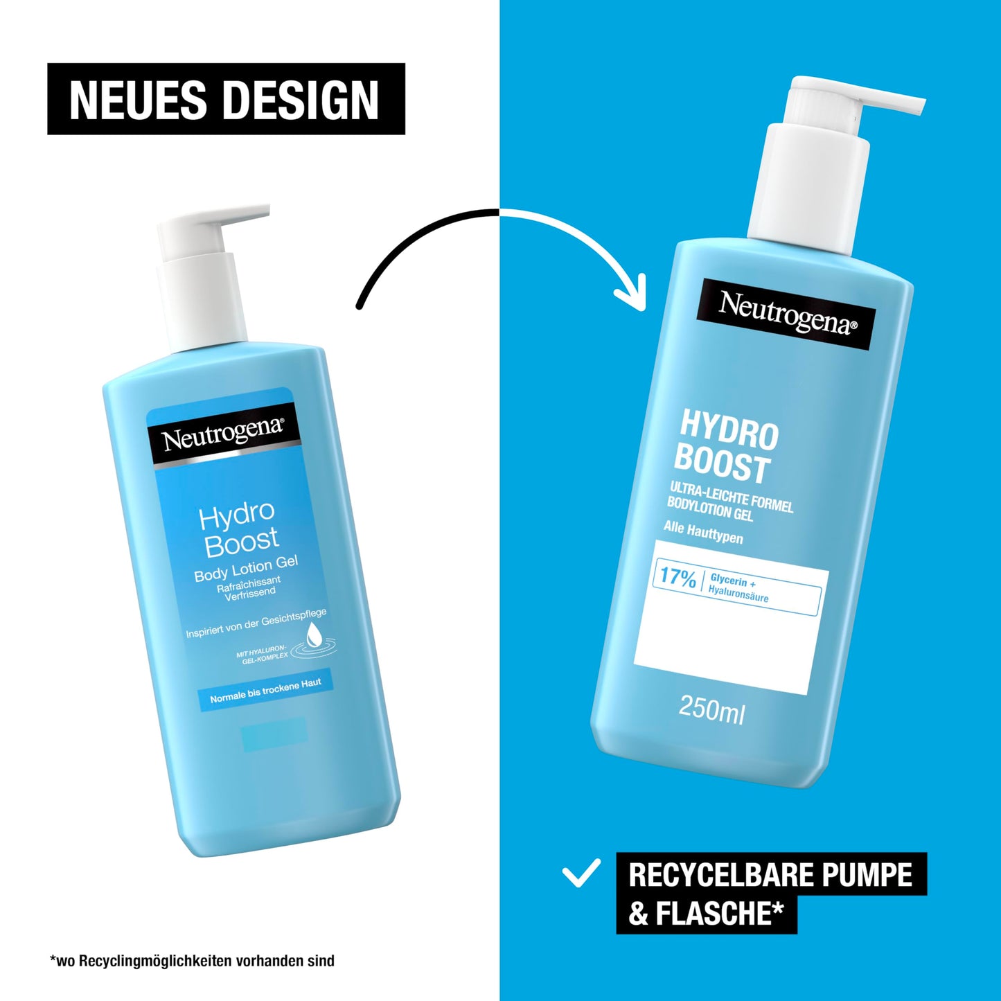 Neutrogena Hydro Boost ultra-leichte Formel Bodylotion Gel (250 ml) für geschmeidige Haut, erfrischende Körperlotion mit 17% Glycerin + Hyaluronsäure für alle Hauttypen