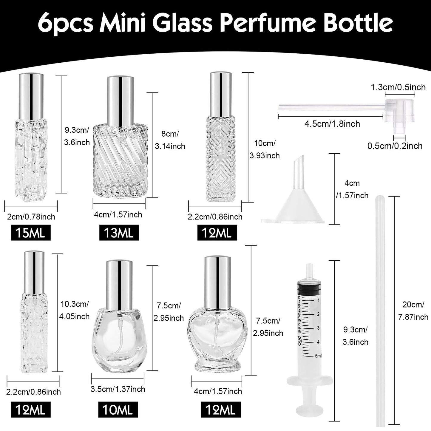 Bohoray 6 Stücke Small Parfümzerstäuber Nachfüllbar, 10~15ml Parfum Flakon Leer Transparente Parfüm Flakon Parfümflaschen Nachfüllbar mit Rohrleitungen und Trichter für Frauen Mädchen