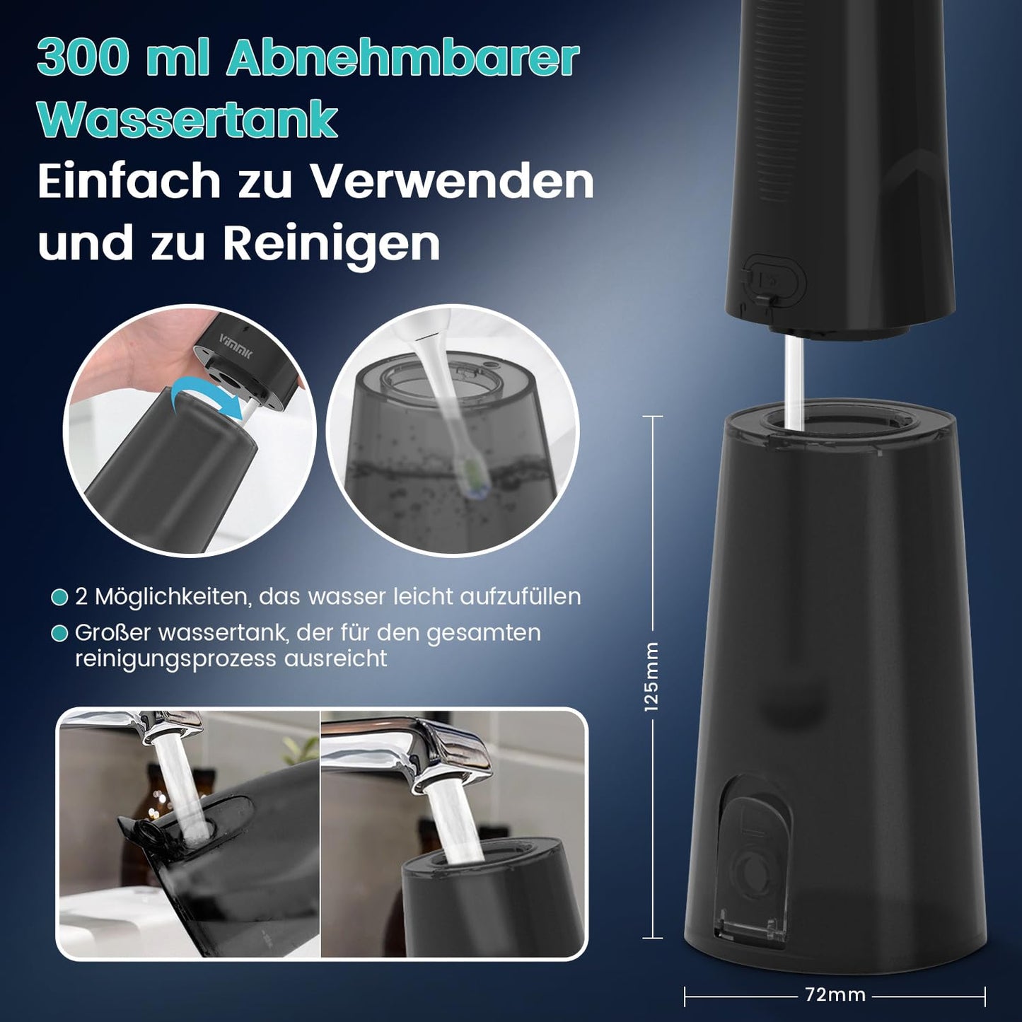 Munddusche Kabellos Elektrischer Zahnreiniger, Vimmk Zahndusche Water Flosser 5 Modi & 8 Düsen USB-C Wiederaufladbare Wasser Flosser IPX7 Wasserdicht, 300ML Wassertank Mund Reiniger (Schwarz)