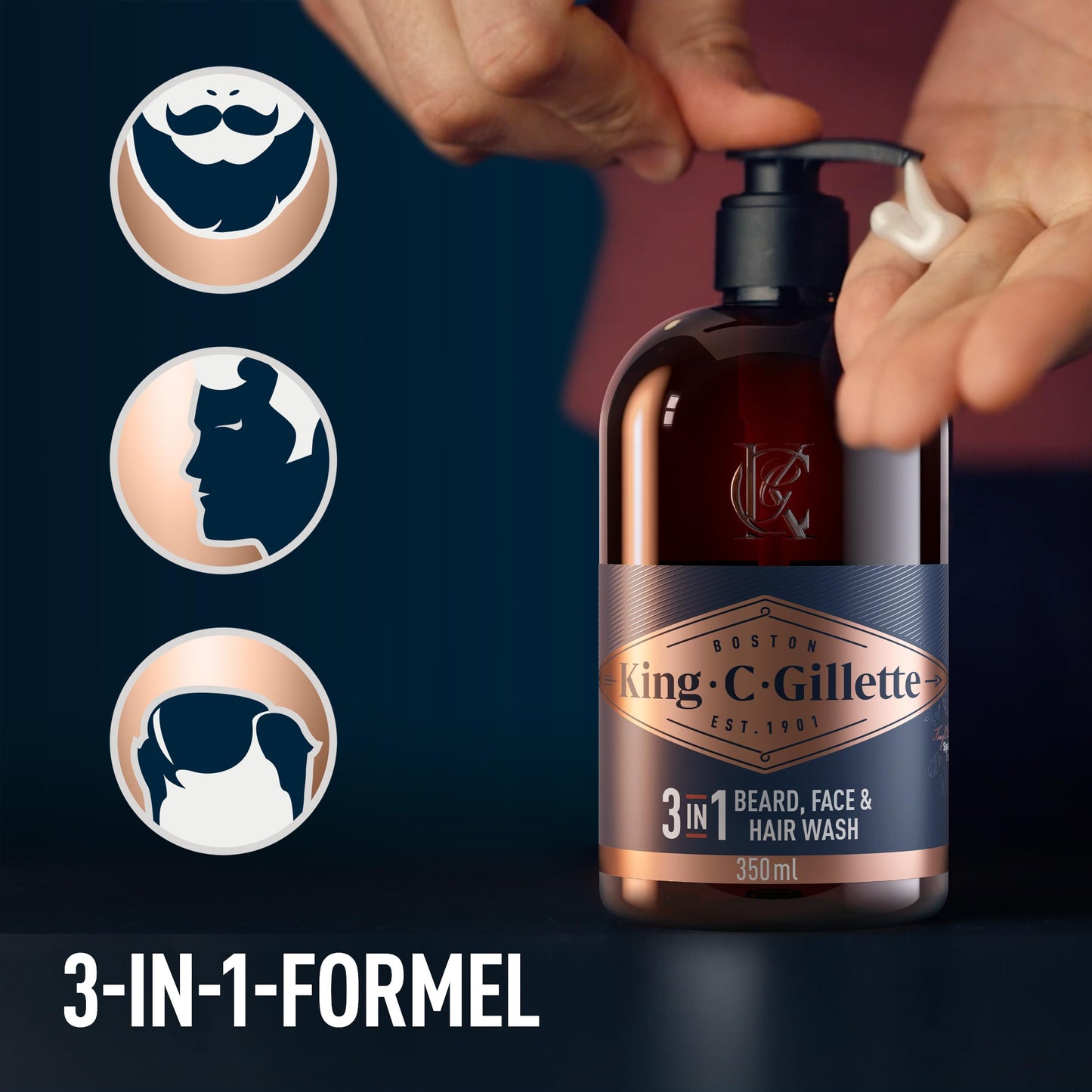 King C. Gillette 3-in-1 Bart-, Gesichts- und Haarwaschgel für Männer, tägliche Reinigung und Frische, mit charakteristischem King C. Duft , 350 ml