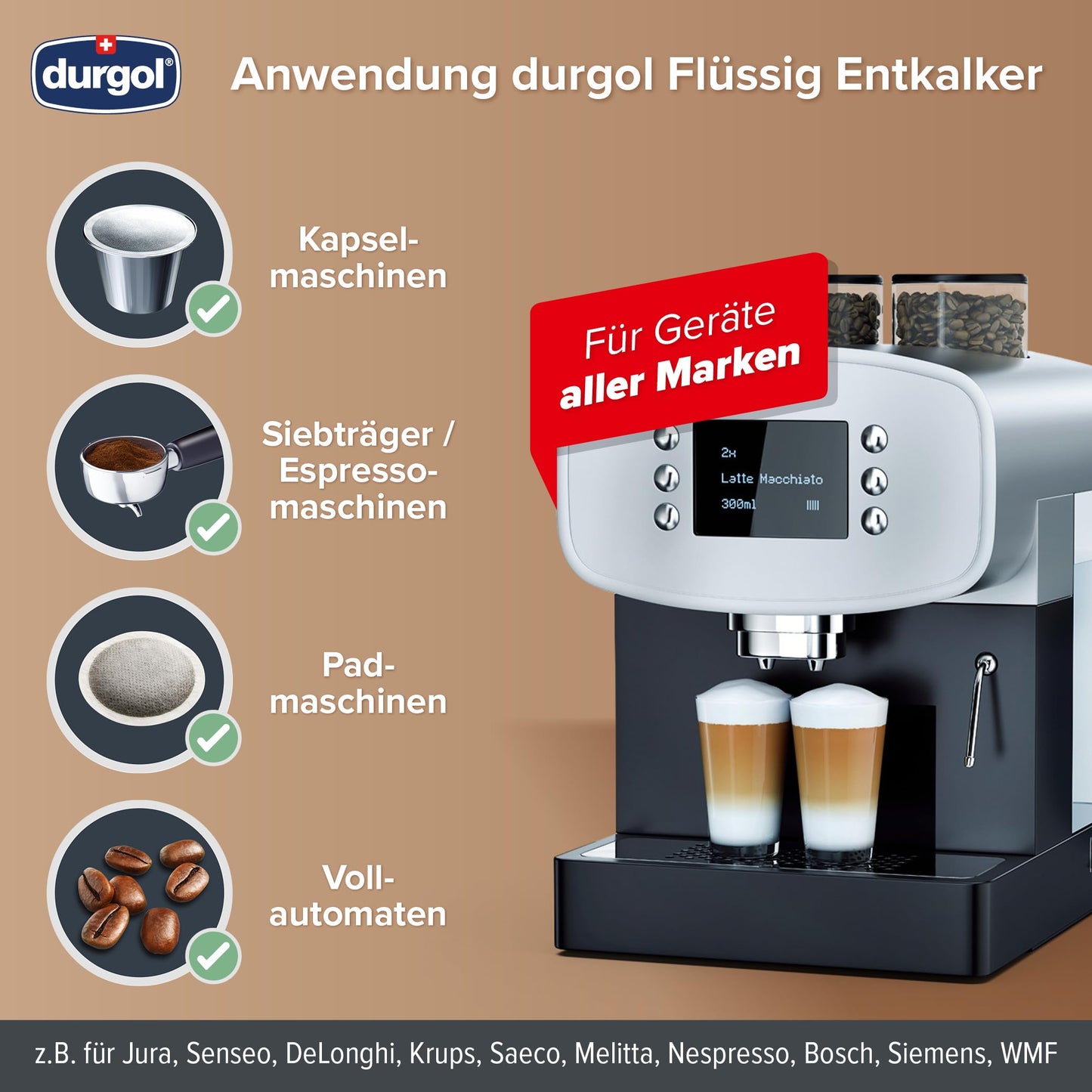 durgol swiss espresso Spezial-Entkalker – Kalkentferner für Kaffeemaschinen aller Typen und Arten – Einfache Reinigung ohne Einwirkzeit & Rückstände – Deutsche Version – 2x125ml