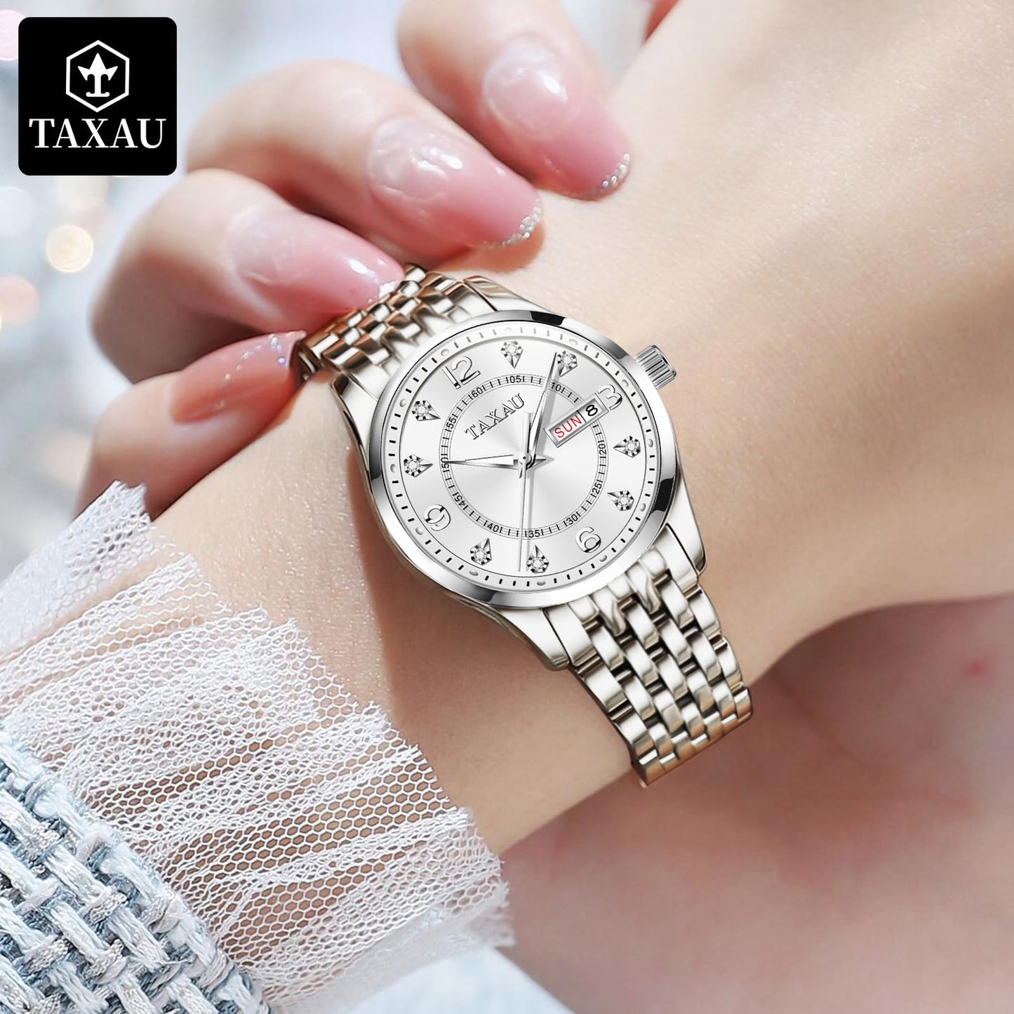 Taxau Damen Uhren Elegantes Kleid Diamant Analog Quarzuhr Edelstahl Wasserdicht Leuchtkalender Handgelenk Patch Reloj para Mujer