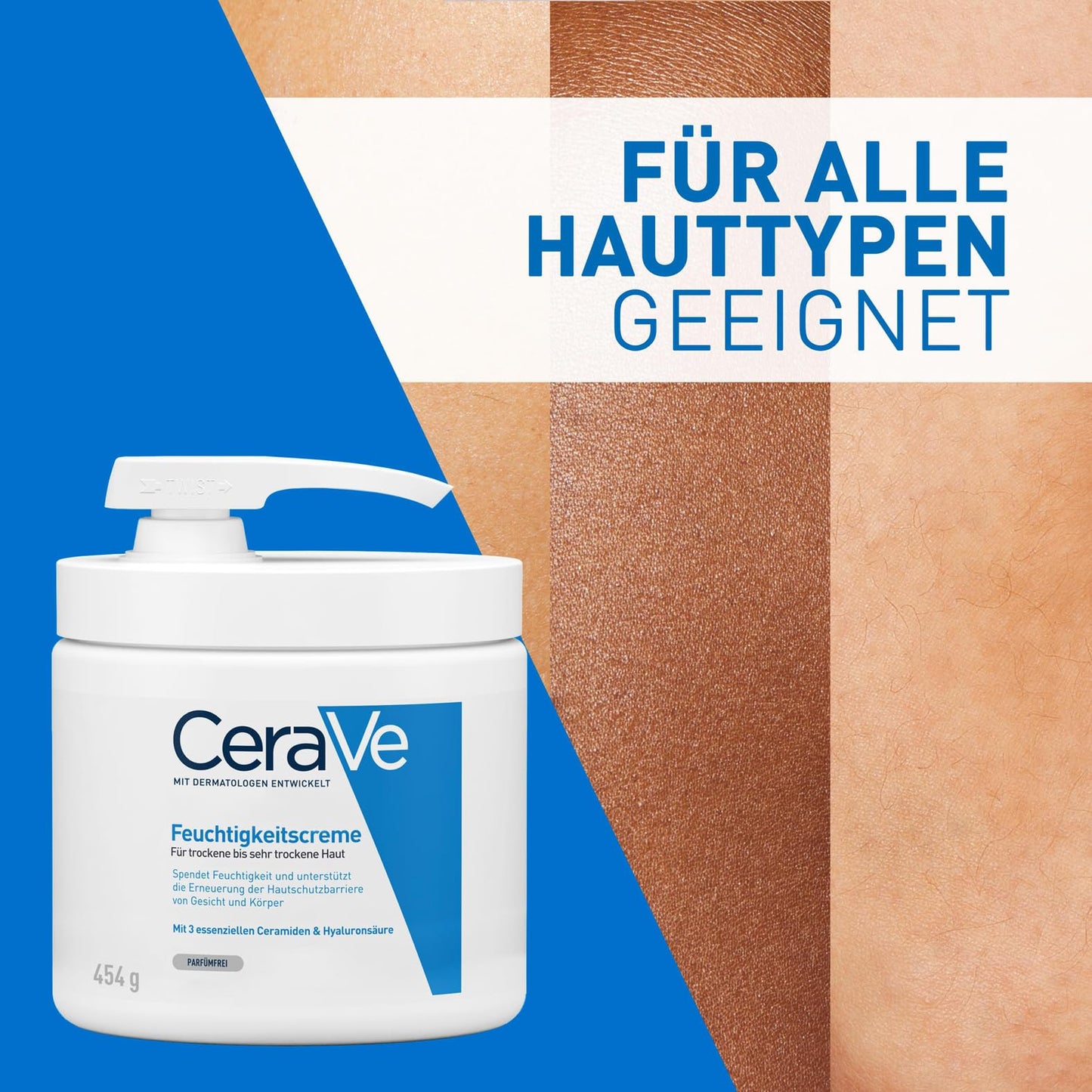 CeraVe Feuchtigkeitscreme für Körper und Gesicht, Mit Pumpspender, Creme für trockene bis sehr trockene Haut, Mit Hyaluron und 3 essenziellen Ceramiden, 454 g