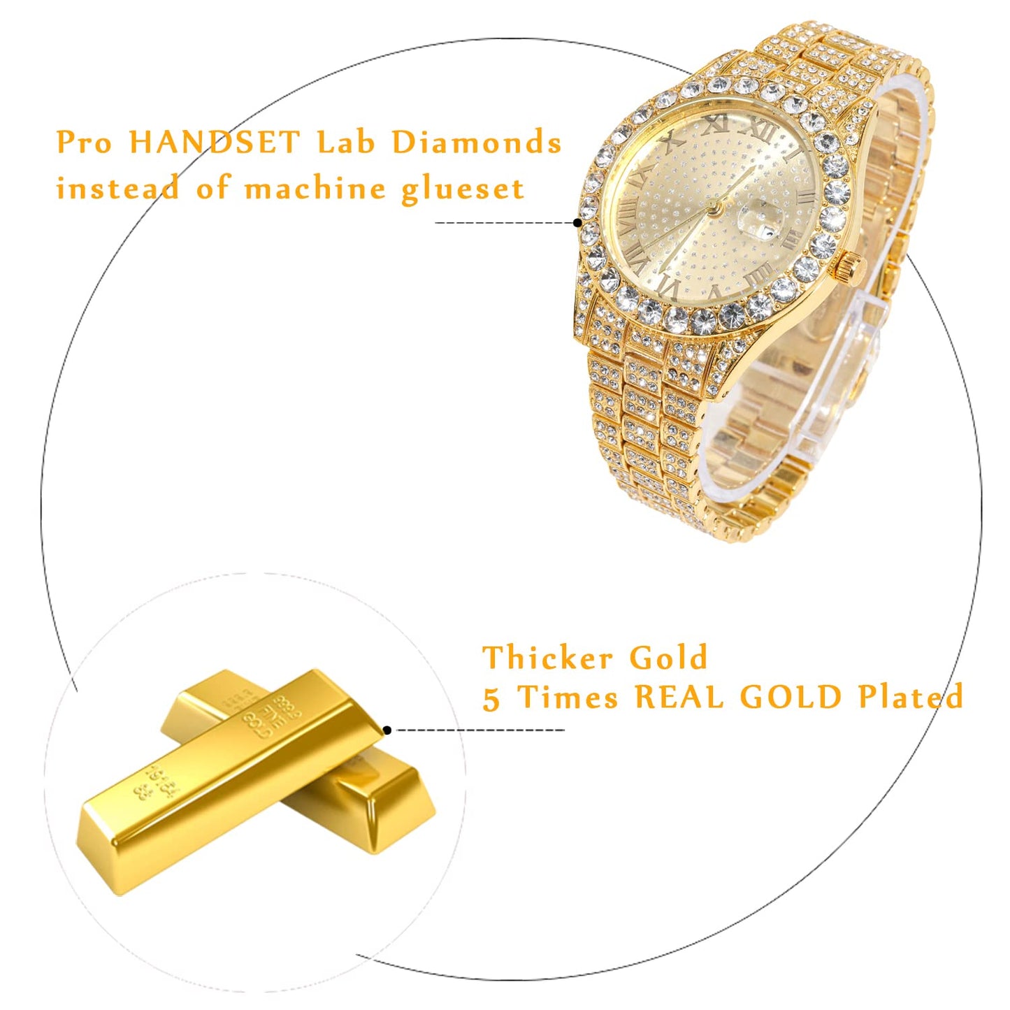 Halukakah Diamant Golduhr, Herren 18K Echt Vergoldet 42MM Breite Rund Wählen Quarz Armband 24cm, mit Geschenkbox