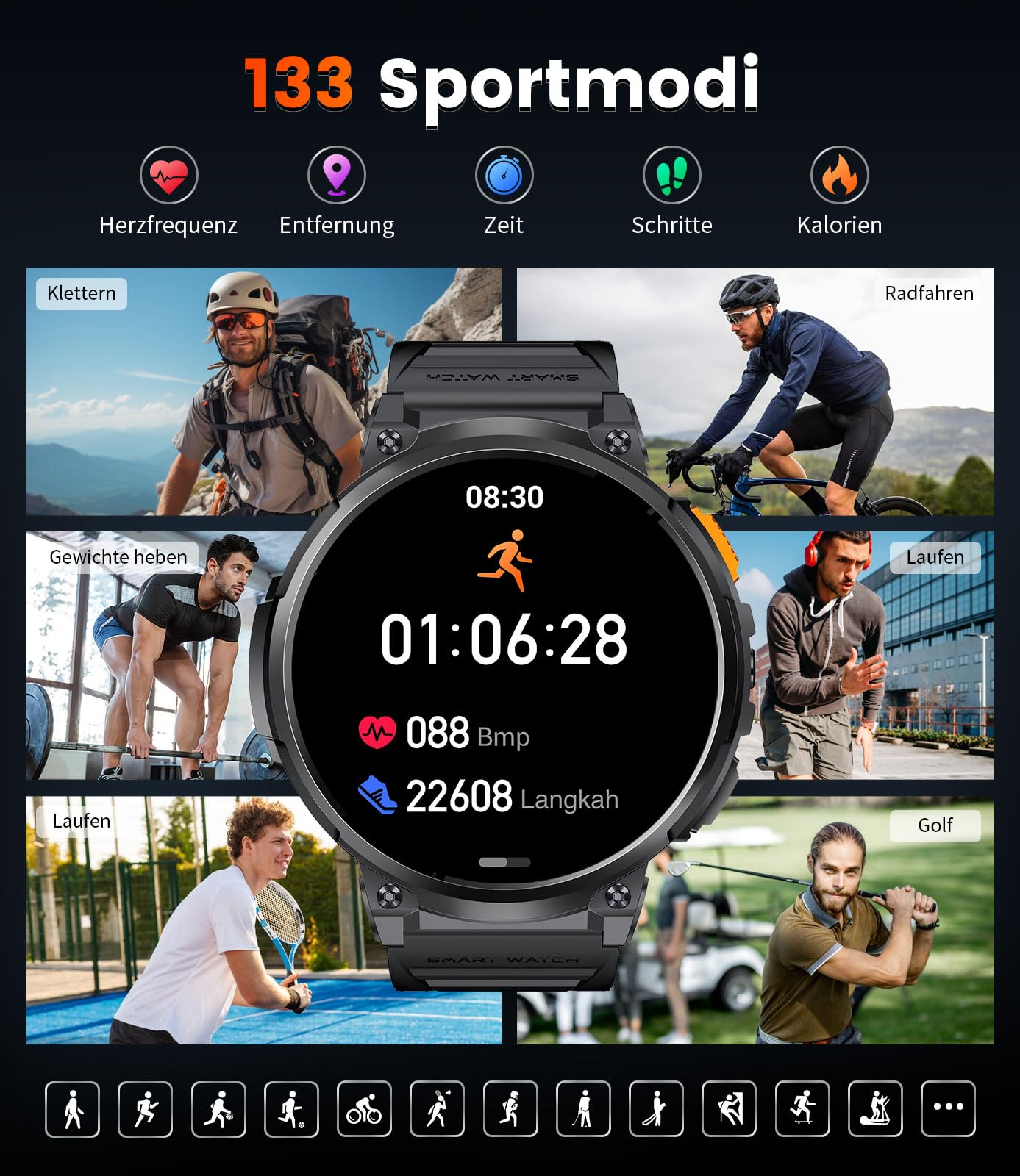 ESFOE Smartwatch Herren mit Telefonfunktion,1.85'' Militär Smart Watch mit 730mAh Lange Akkulaufzeit,LED Taschenlampe,IP68 Wasserdicht Fitnessuhr mit 100+ Sportmodi,Gesundheitsüberwachung Android iOS