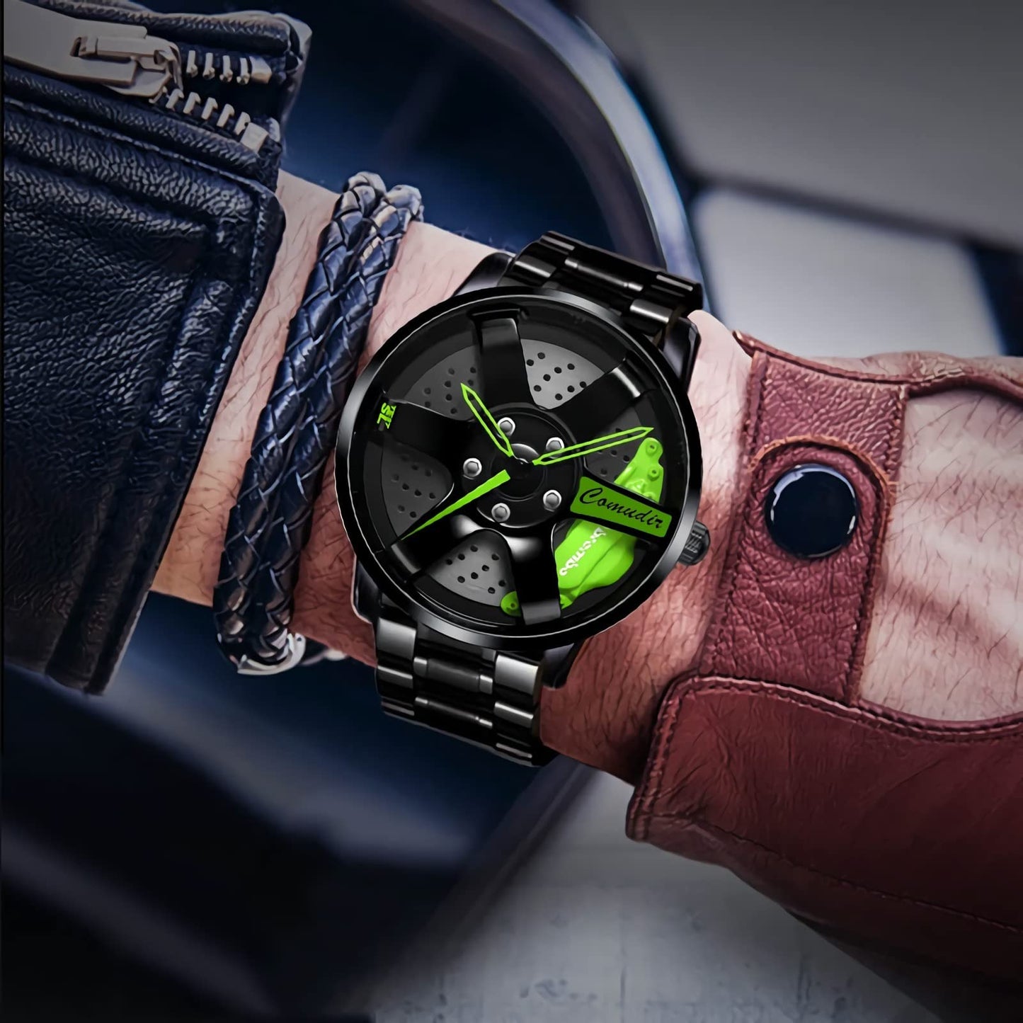 RWXCOW Herren Uhr Kreativ Armbanduhren,Autorad Felgennabenuhr,Auto Rad Felgen Nabe Uhr, Männer Sport Wasserdicht Armbanduhr,3D Auto Rad Felge Nabe Quarz Herrenuhr .schwarzerStahlgürtelmitgelberNadel