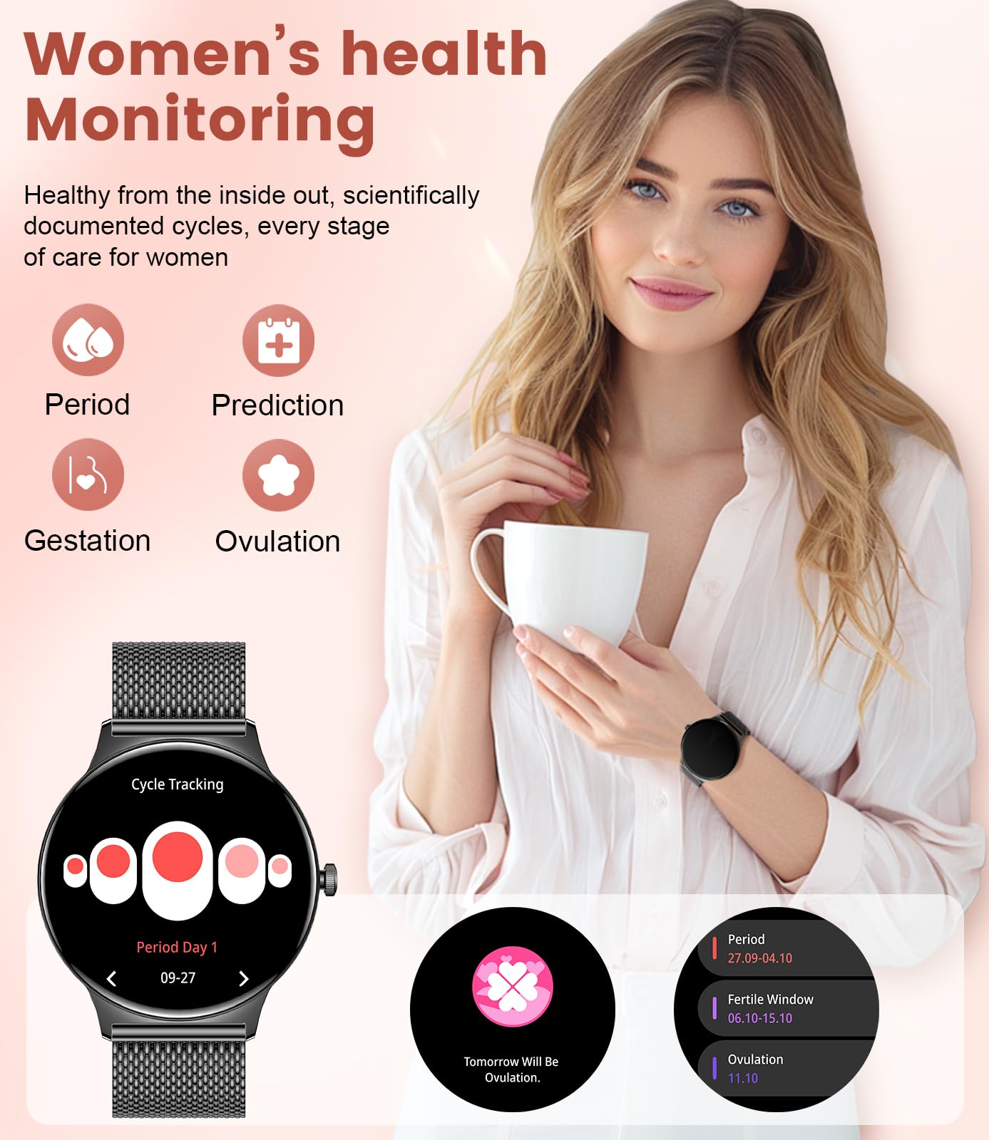 Smartwatch Damen Mit Telefonfunktion,1.43"AMOLED Fitnessuhr Mit Herzfrequenz/Spo2/Schlafmonitor Kompatibel Android iOS,SchrittzäHler Kalorien IP68 Wasserdicht Smart Watch 100+Sport Modi Schwar