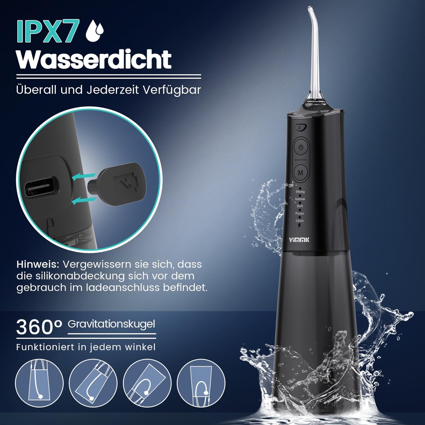 Munddusche Kabellos Elektrischer Zahnreiniger, Vimmk Zahndusche Water Flosser 5 Modi & 8 Düsen USB-C Wiederaufladbare Wasser Flosser IPX7 Wasserdicht, 300ML Wassertank Mund Reiniger (Schwarz)