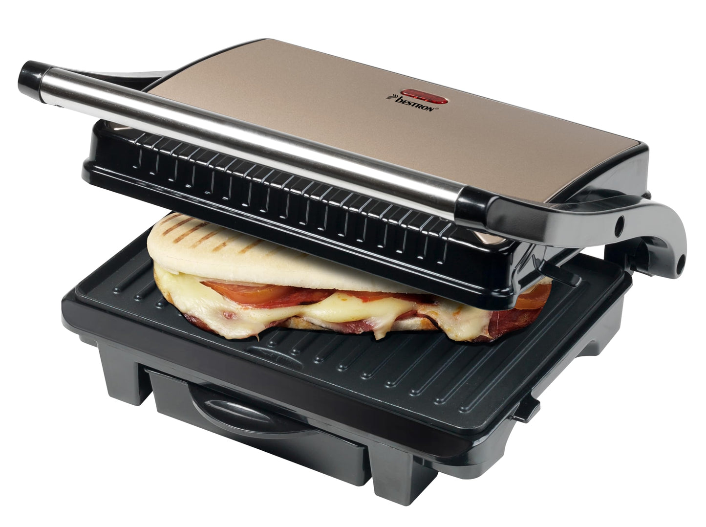 Bestron elektrischer Kontaktgrill mit Auffangschale, Sandwichmaker mit Cool-Touch-Handgriff & Antihaftbeschichtung, Paninimaker mit 1000 Watt, ASW113SAT, Farbe: Hellbeige