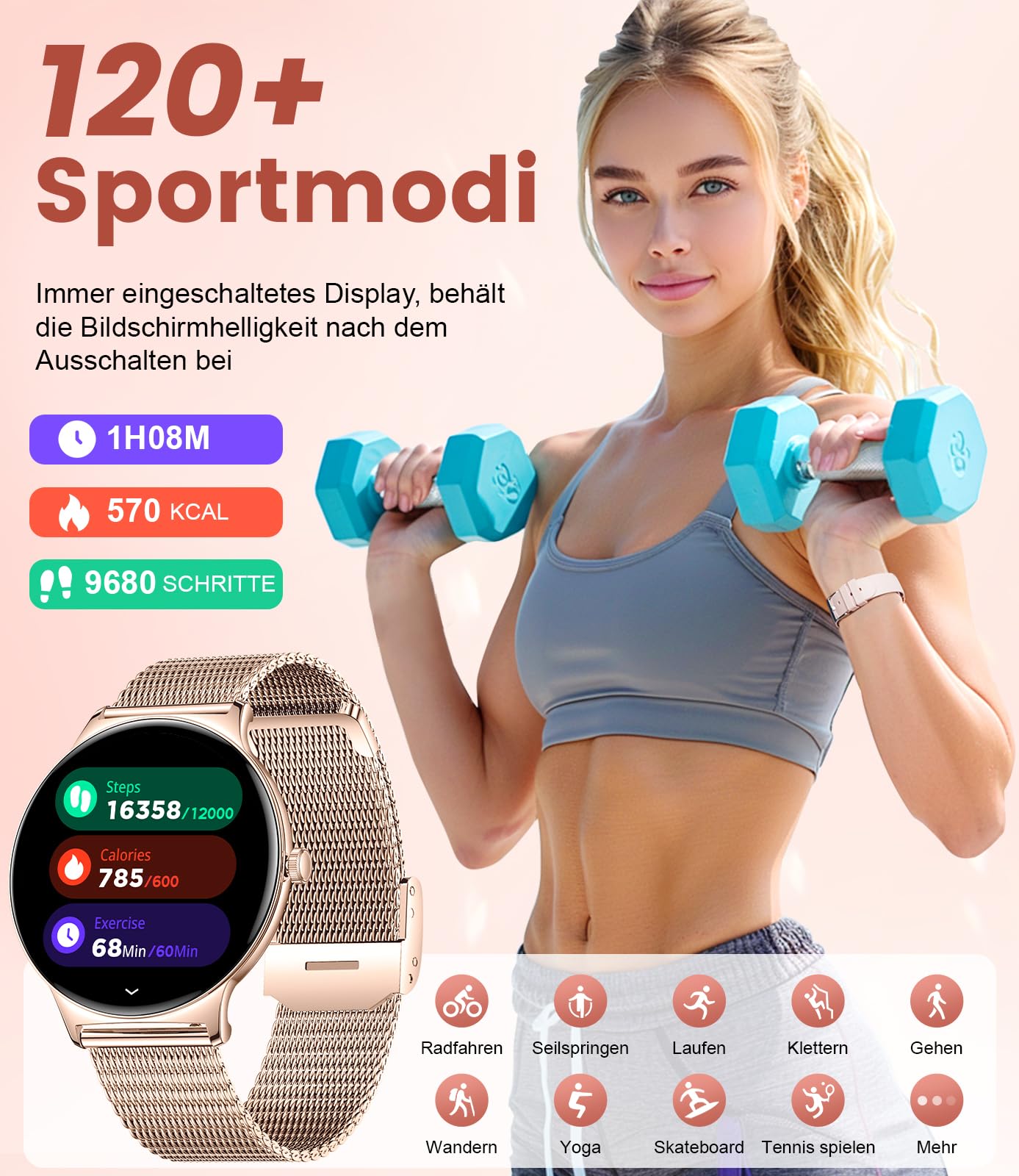 Smartwatch Damen Mit Telefonfunktion,1.43"AMOLED Fitnessuhr Mit Herzfrequenz/Spo2/Schlafmonitor Kompatibel Android iOS,SchrittzäHler Kalorien IP68 Wasserdicht Smart Watch 100+Sport Modi Roségold