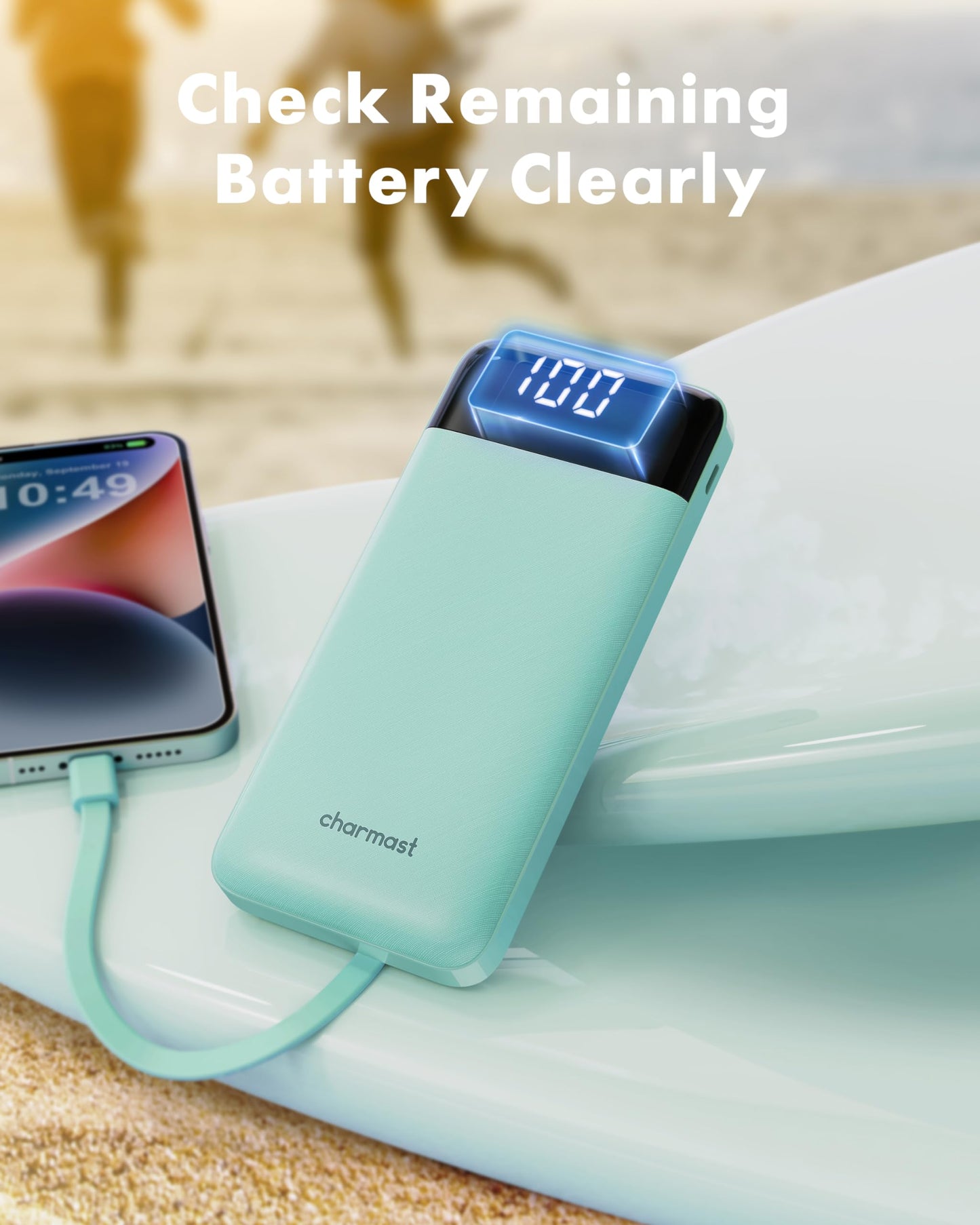 Charmast Power Bank, Slim 10000mAh Powerbank mit USB-C Kabel und LED-Display, 6 Ausgängen Klein Aber Stark Externe Handyakkus Kompatibel mit iPhone 16 15 14 13 12 Pro Max Huawei Samsung Tablet（Grün）