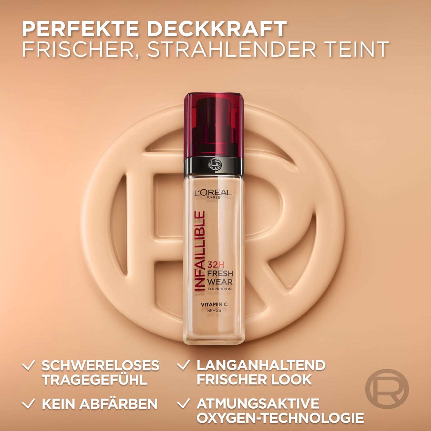 L'Oréal Paris Make-up, Wasserfest und langanhaltend, Flüssige Foundation mit LSF 25, Infaillible 32H Fresh Wear Make-up, Nr. 220 Sand, 30 ml