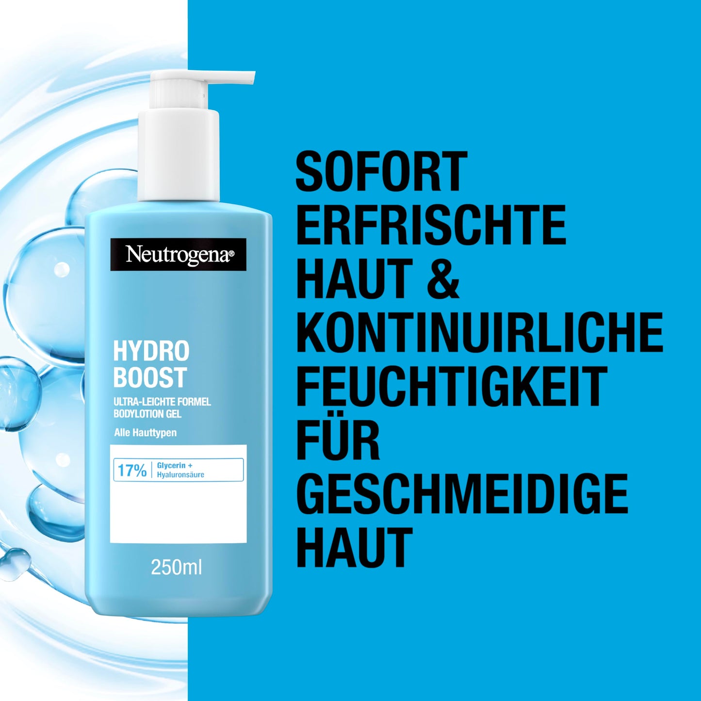 Neutrogena Hydro Boost ultra-leichte Formel Bodylotion Gel (250 ml) für geschmeidige Haut, erfrischende Körperlotion mit 17% Glycerin + Hyaluronsäure für alle Hauttypen