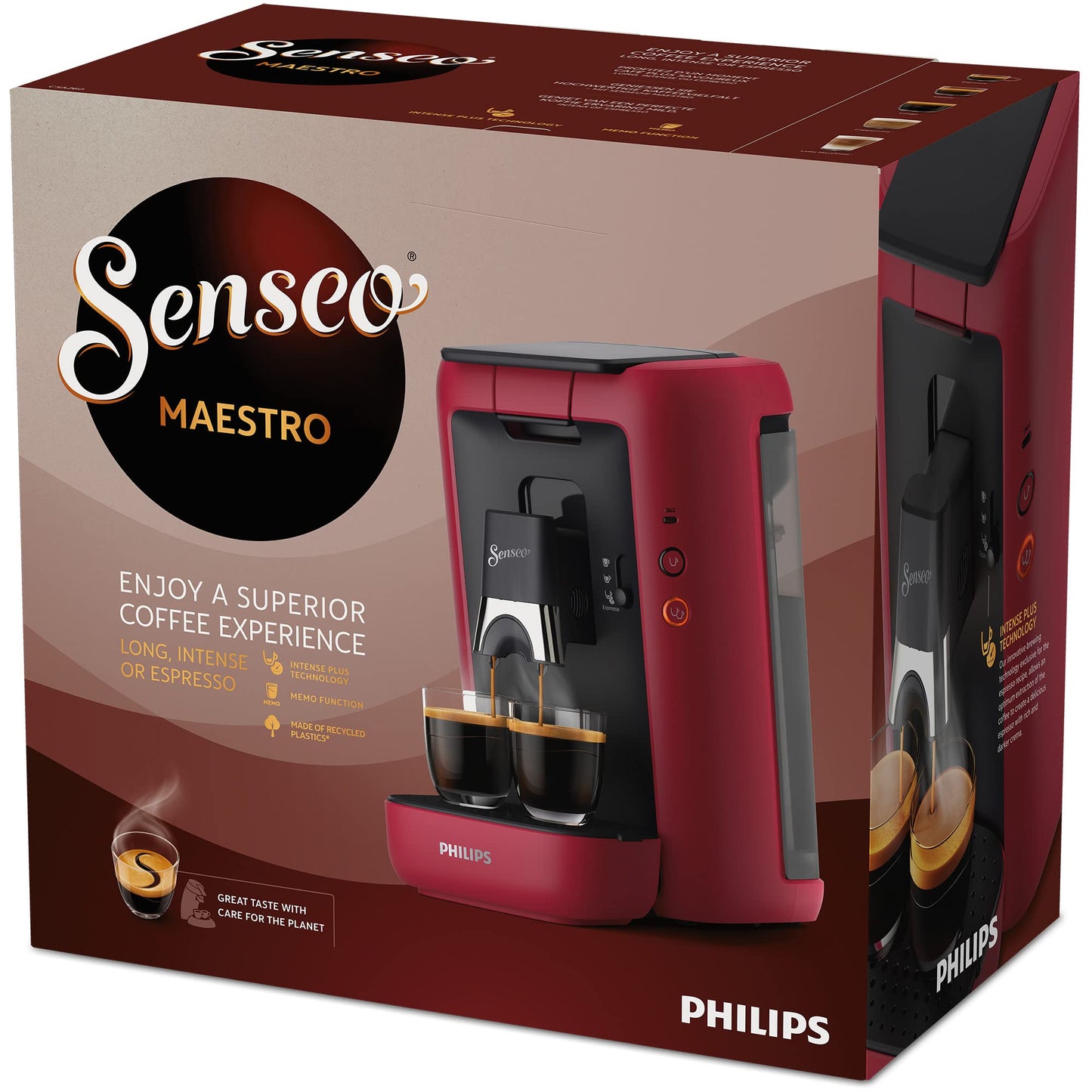 PHILIPS Senseo Maestro Kaffeepadmaschine mit Kaffeestärkewahl und Memo-Funktion, 1,2 Liter Wasserbehälter, Grünes Produkt, Farbe: Rot (CSA260/90)