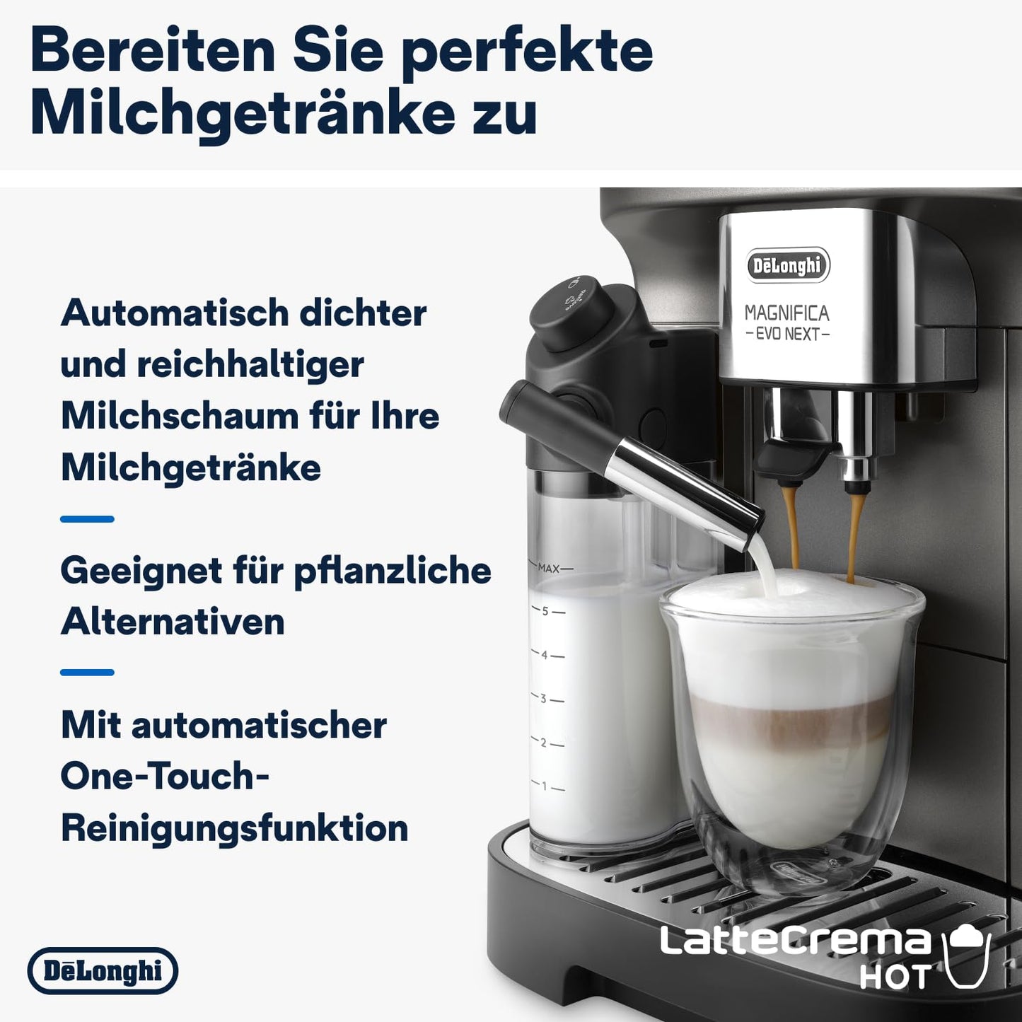 De'Longhi Magnifica Evo Next ECAM312.80.TB – Kaffeevollautomat mit 2,4'' TFT Farbdisplay & LatteCrema Milchsystem, 7 Direktwahltasten (Cappuccino, Espresso, Latte Macchiato), 2-Tassen-Funktion, Titan