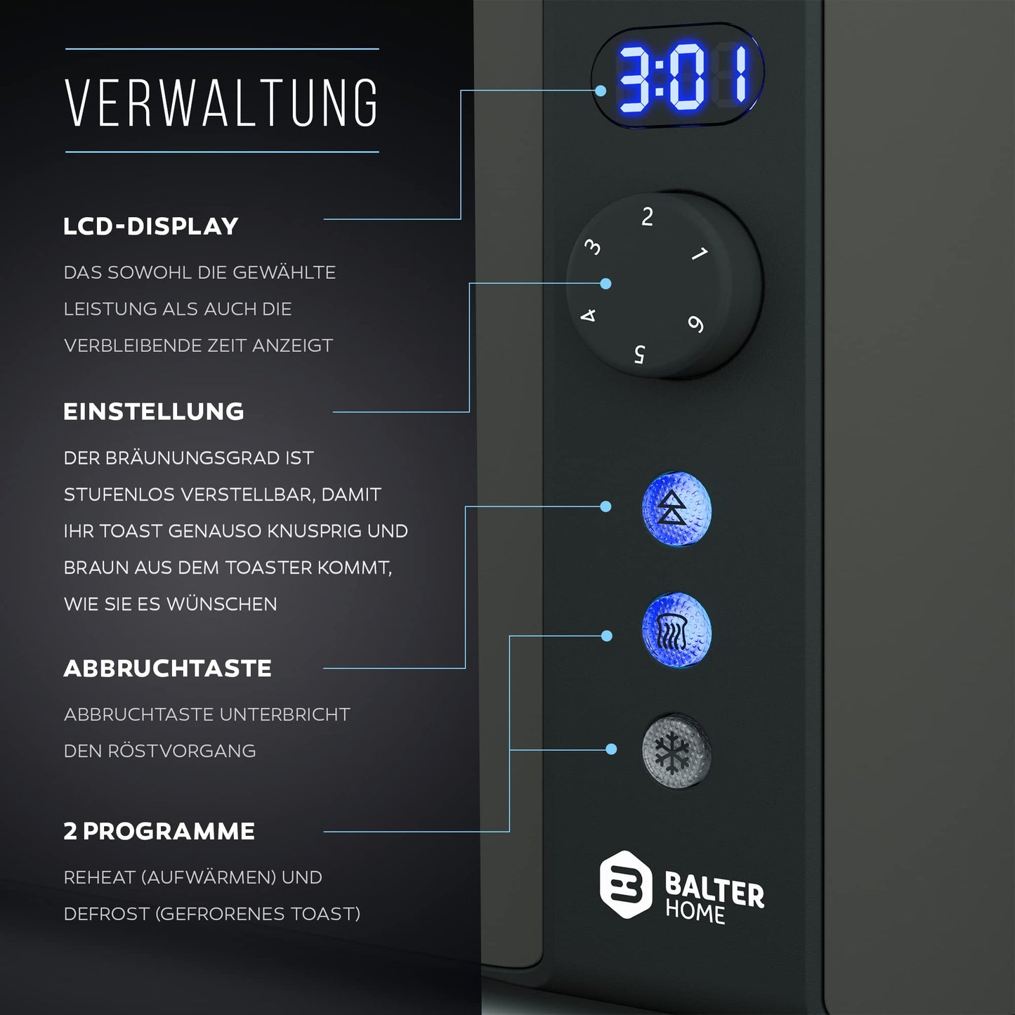 Balter Toaster 4 Scheiben, Langschlitz, Edelstahl, Brötchenaufsatz, LCD Display mit Restzeitanzeige, Auftaufunktion, Brotzentrierung, Krümelschublade, TS-04-LCD, Farbe: Grau