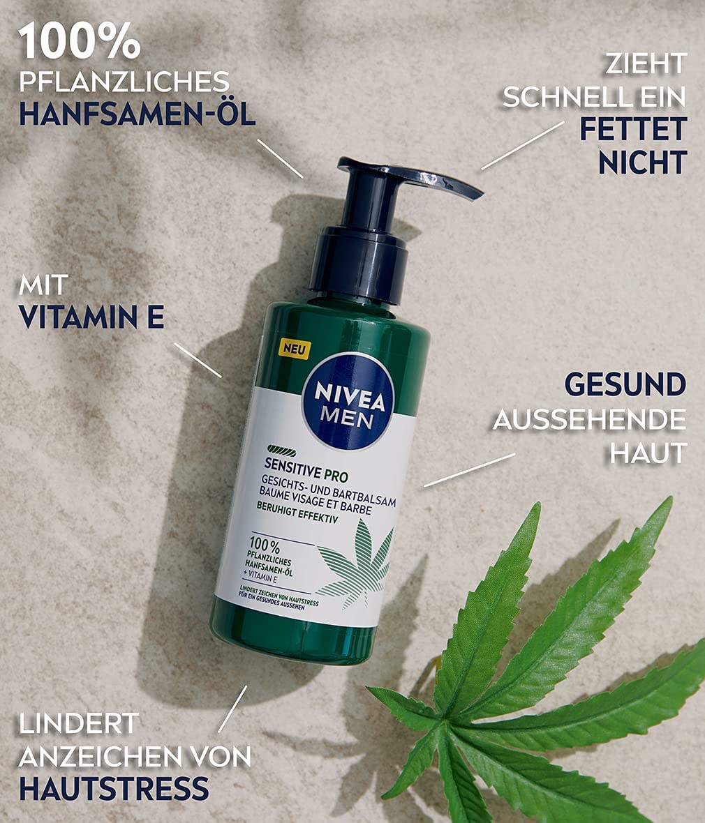 NIVEA MEN Sensitive Pro Gesichts- und Bartbalsam (150 ml), feuchtigkeitsspendende Creme für Männer mit Hanfsamenöl & Vitamin E, beruhigender, leichter Balsam für Bartträger